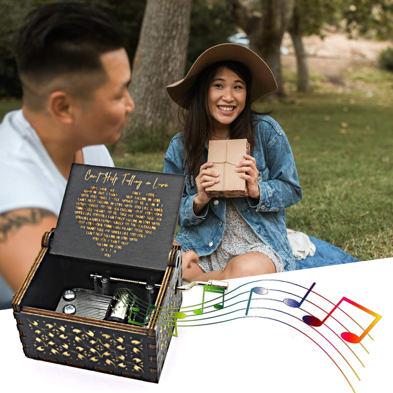 byykit Cant Help Falling in Love Wood Music Box, Antique Engraved Musical Boxes Case for Love One Wooden Music Box - Gifts for