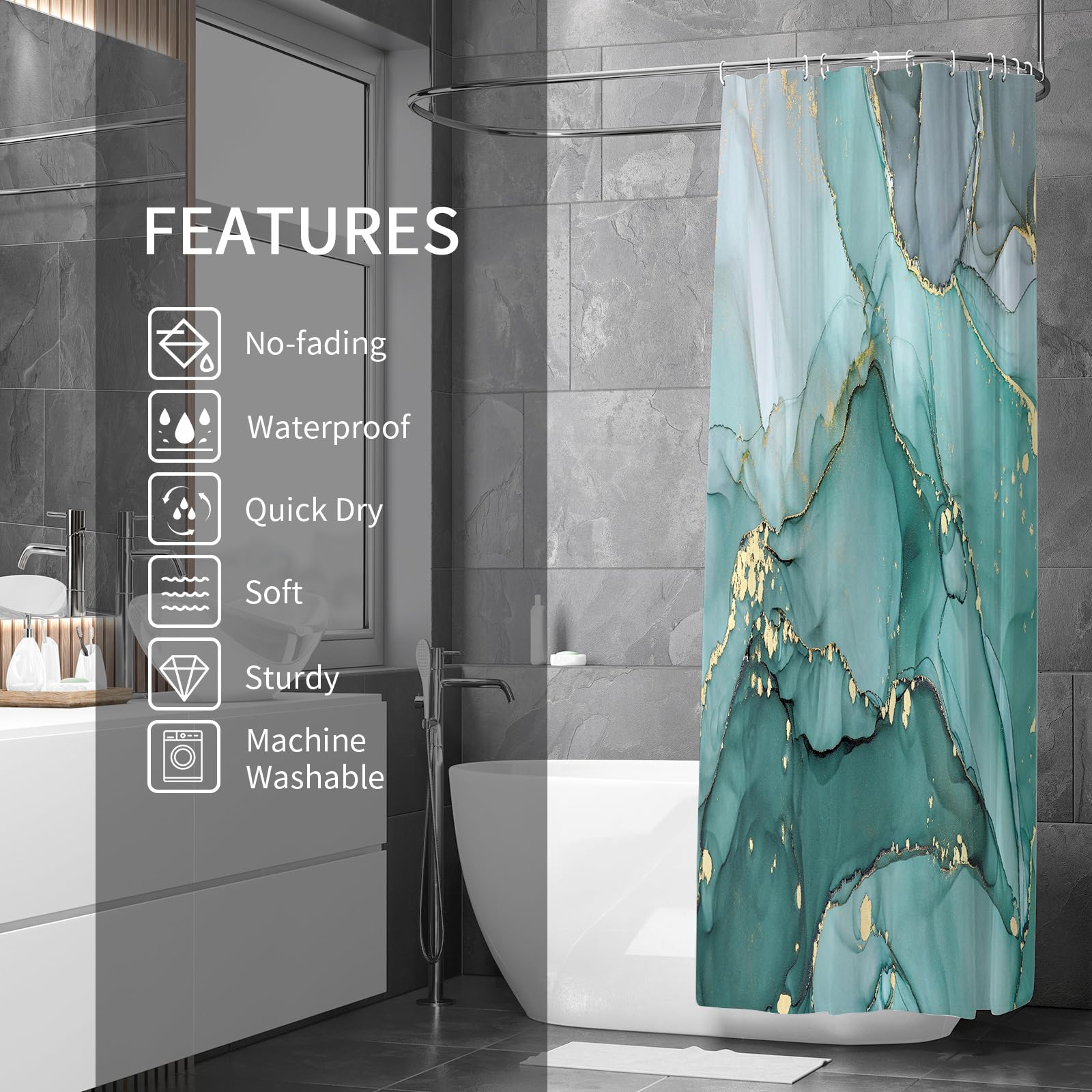 Gibelle Abstract Teal Marble Shower Curtain, Turquoise Marble Shower Curtain For Bathroom, Modern Ink Art Decor Waterproof Fabri