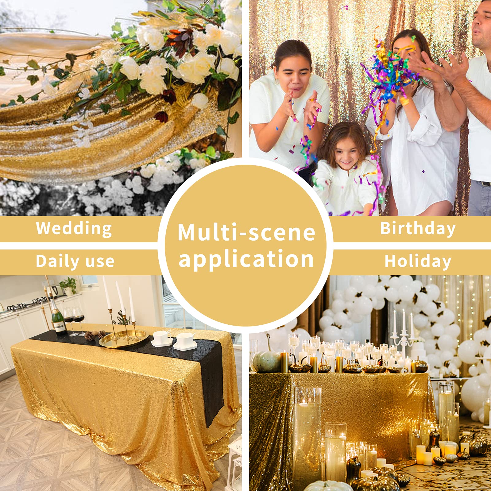 Fyledaee Gold Round Sequin Table Cloths For Parties, 50X50 Inch Glitter Overlay Table Cover Fitted Square Rectangle Small Tables