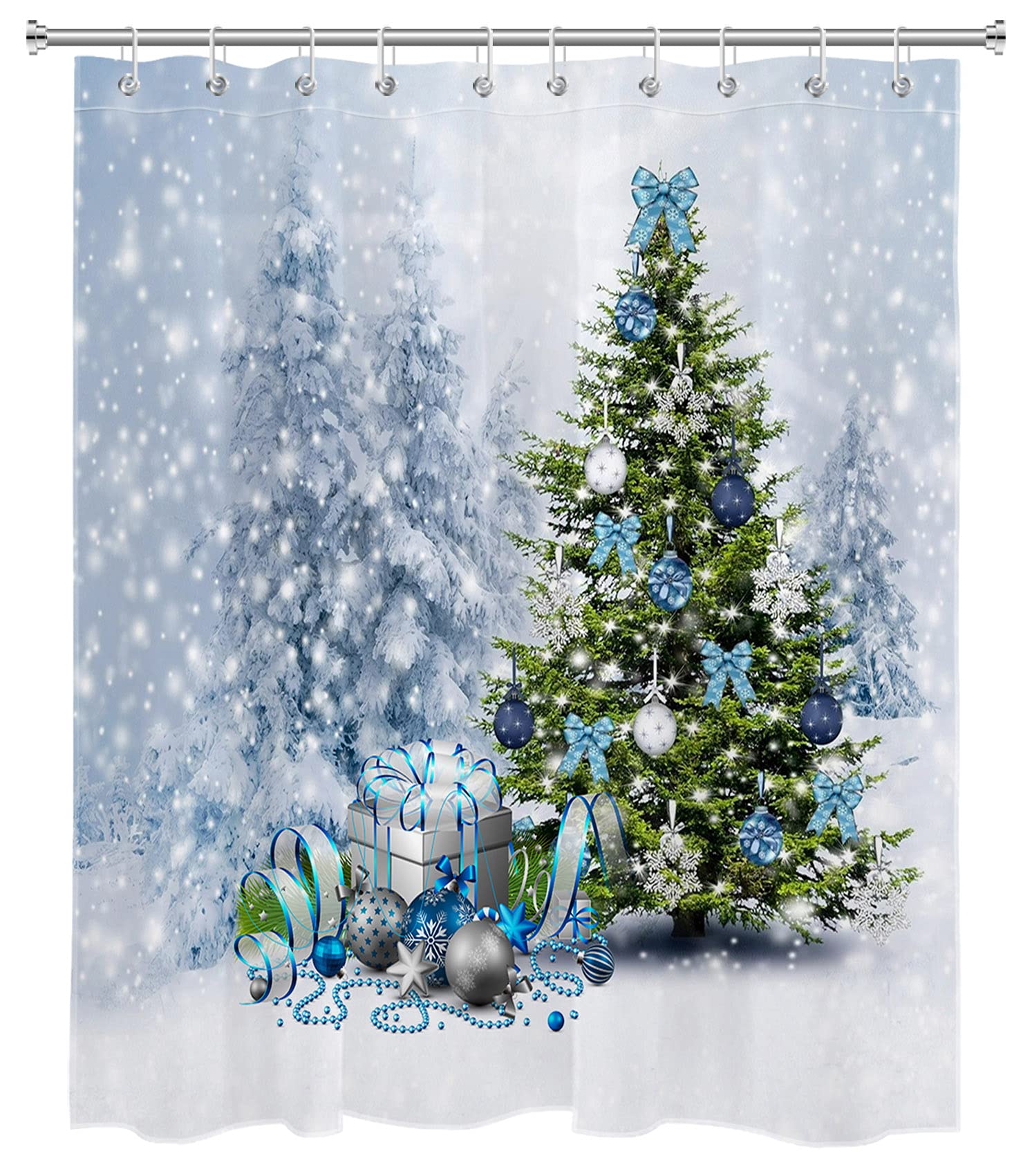 Eobtain Christmas Pine Tree Shower Curtain Silver Blue Xmas Balls Gifts Bow Winter Forest Snow Scene White Snowflake Bathroom Cu