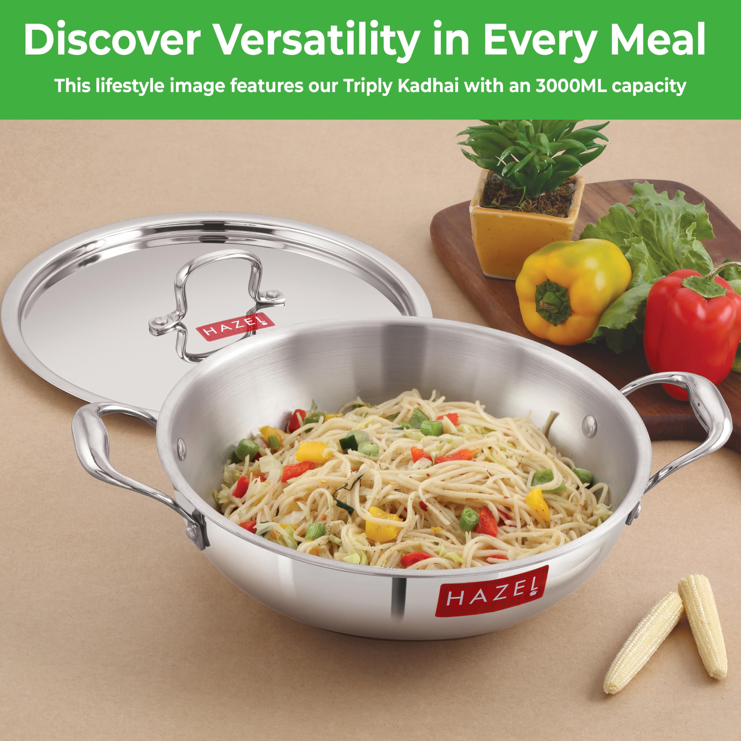 Hazel Tri Ply Stainless Steel Deep Pan With Lid |Triply Cookware Kadai With Induction Base For Cooking & Serving (101.5 Fl.Oz.)