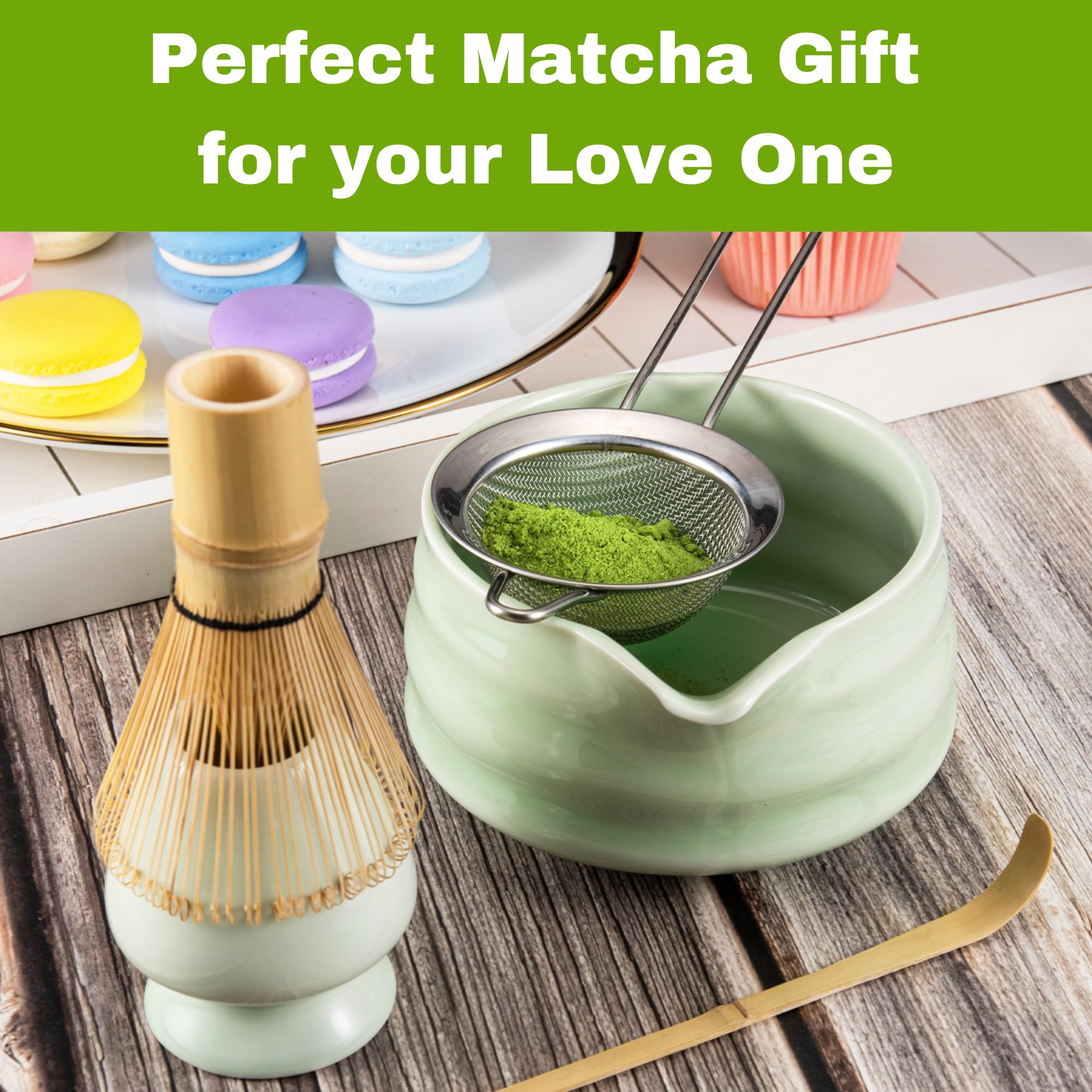 Marce Matcha Whisk Set - Bamboo Matcha Whisk and Bowl with Spout, Sifter, Holder, Scoop - Green, Standard Size