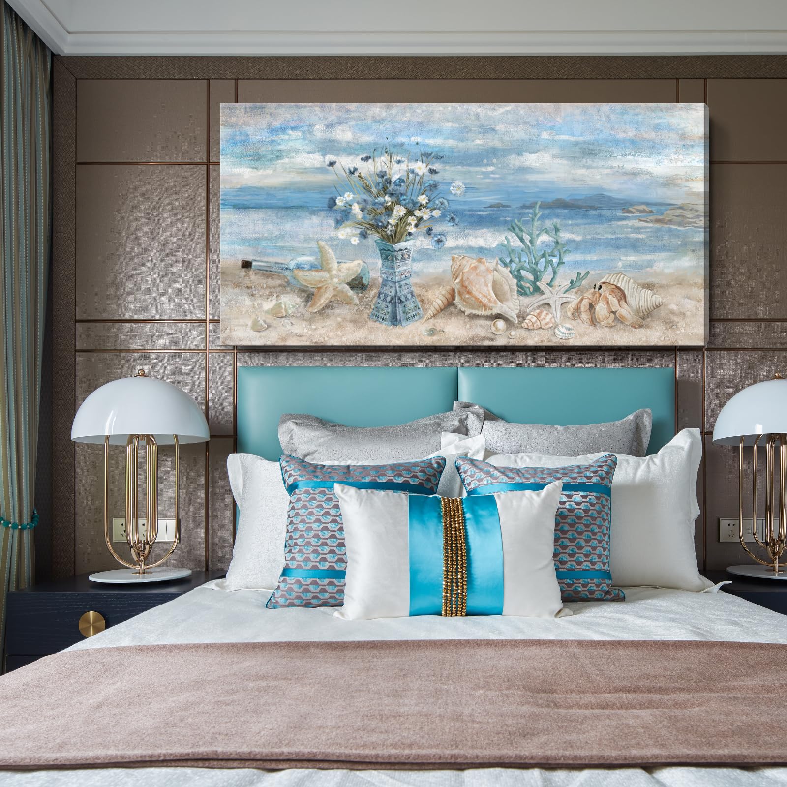 Beach Canvas Wall Art For Living Room Ocean Theme Seaside Print Blue Coastal Picture Abstract Seascape Landscape Pink Teal Paint