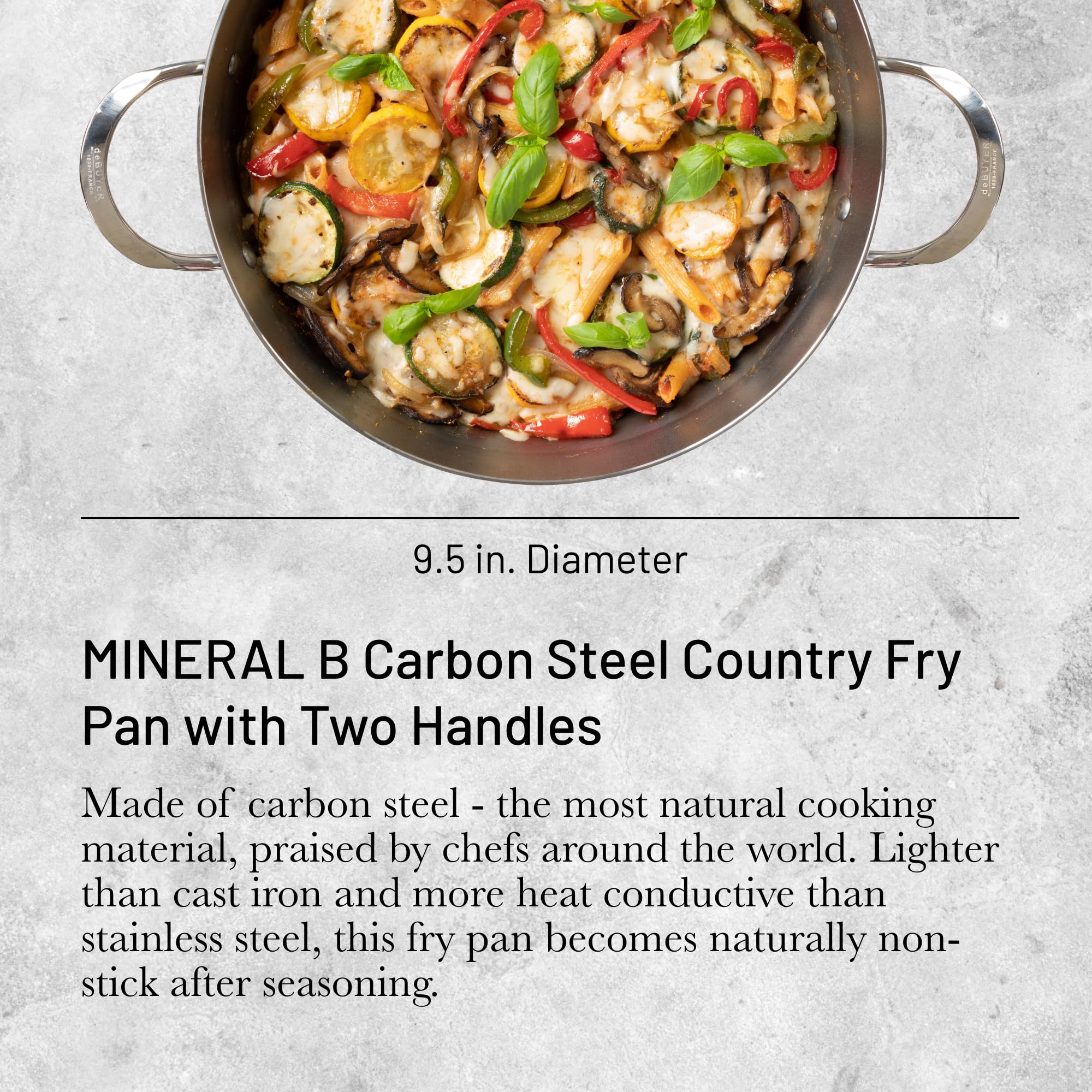 De Buyer Mineral B Carbon Steel Country Fry Pan With Two Handles - 9.5    - Ideal For Sauteing, Simmering, Deep Frying & Stir Fr