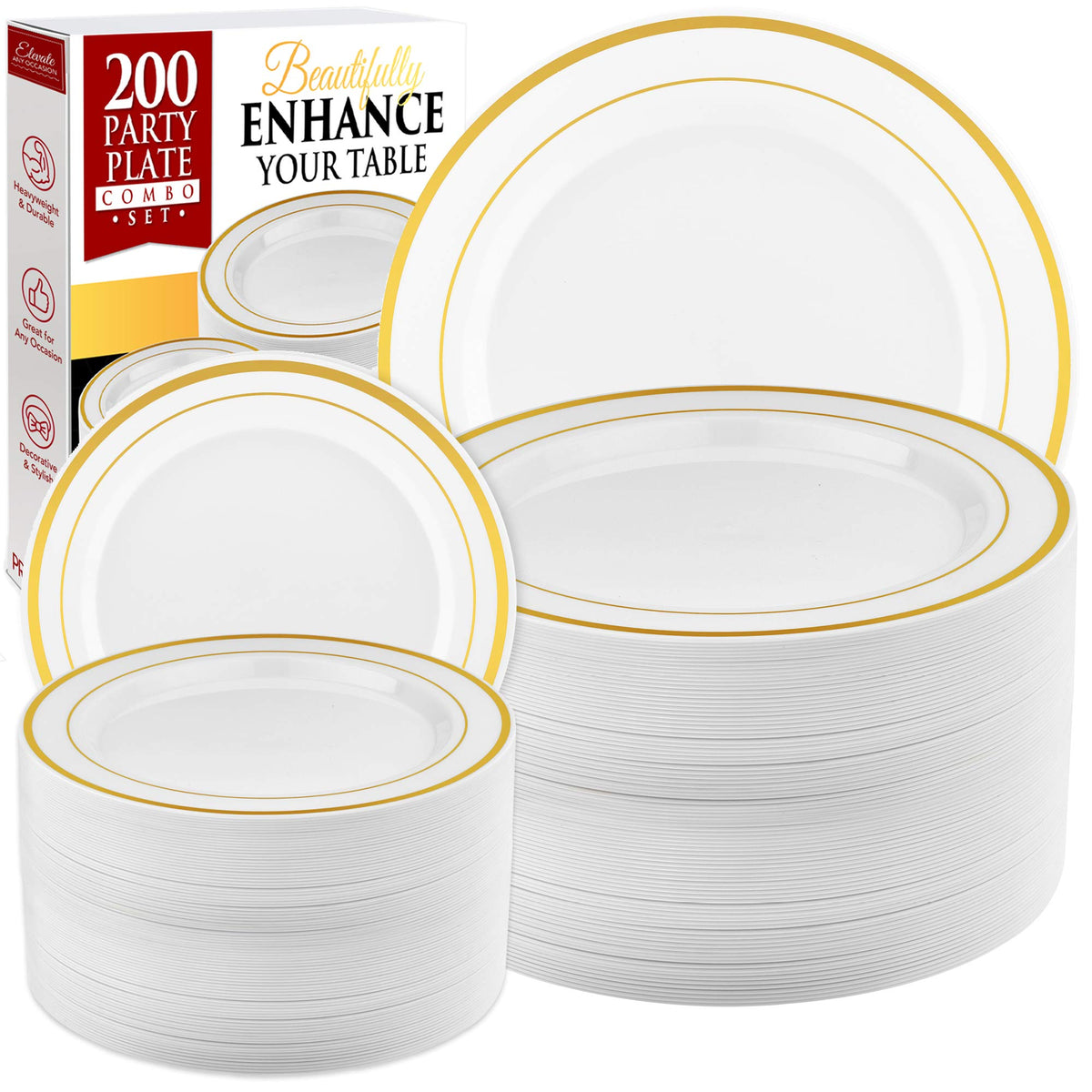 Prestee 200Pc Gold Plastic Plates - 100 Dinner Plates & 100 Salad Plates, White + Gold-Rimmed Party Plates Disposable Heavy Duty