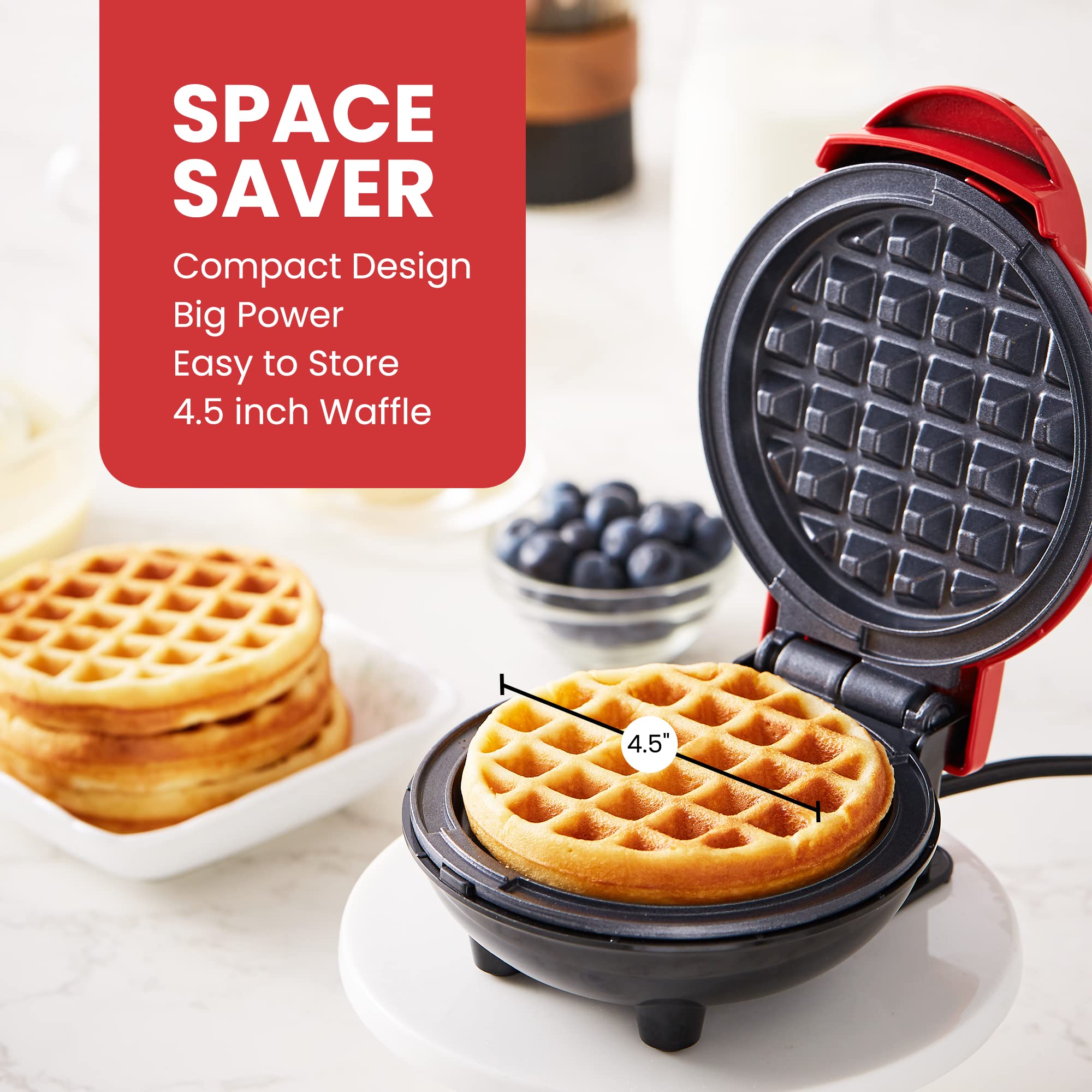 Elite Gourmet Ewm015R Electric Nonstick 4.5-Inch Mini Waffle Maker, Belgian Waffles, Compact Design, Hash Browns, Keto, Snacks,