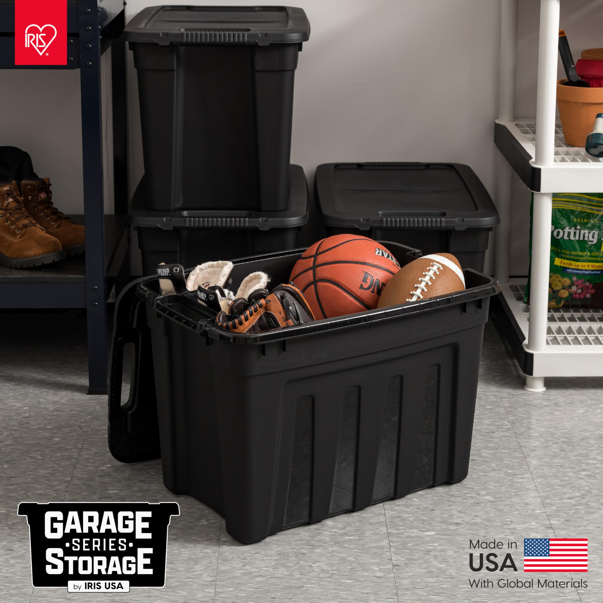 IRIS USA 31 Gallon Heavy-Duty Storage Plastic Bin Tote Container  Black  Set of 4