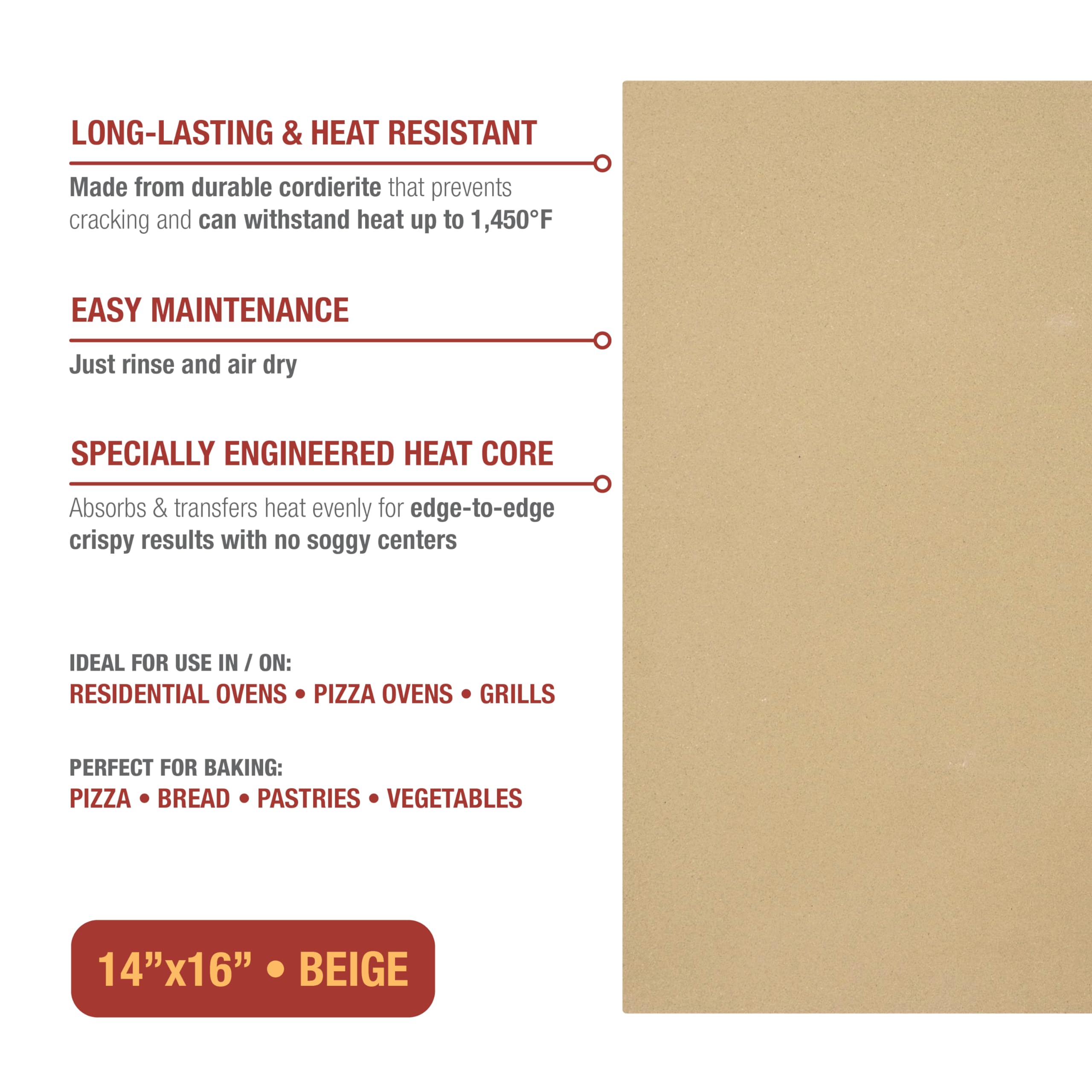 Old Stone Rectangular Pizza Stone, 14x16 Inch, Cordierite, for Oven & Grill, Stone Color, Model 4467