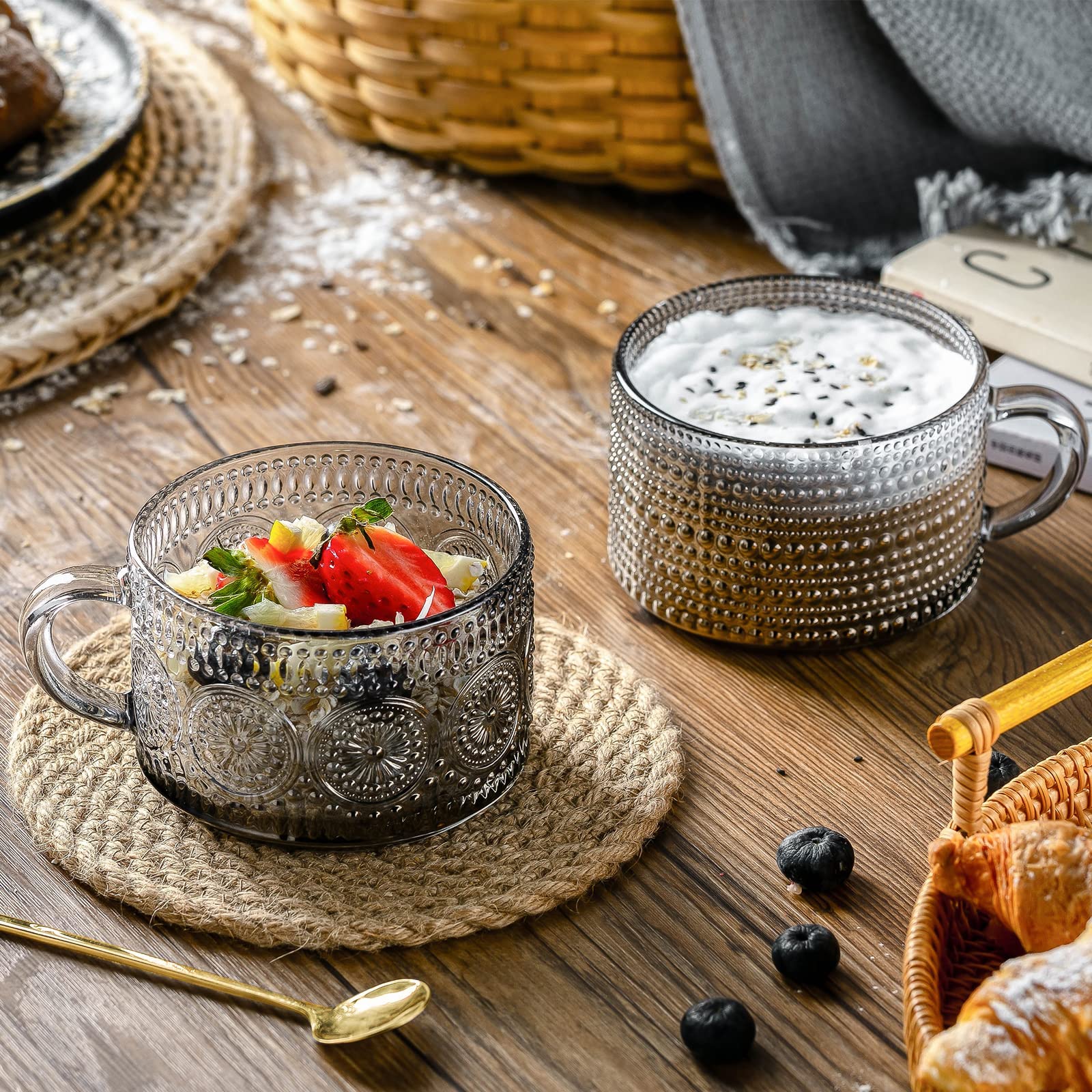 Gezzeny Vintage Glass Coffee Mugs 14 Oz Set Of 2 Gray Embossed Tea Cups For Cappuccino, Latte,Cereal, Yogurt, Beverage Hot/Cold