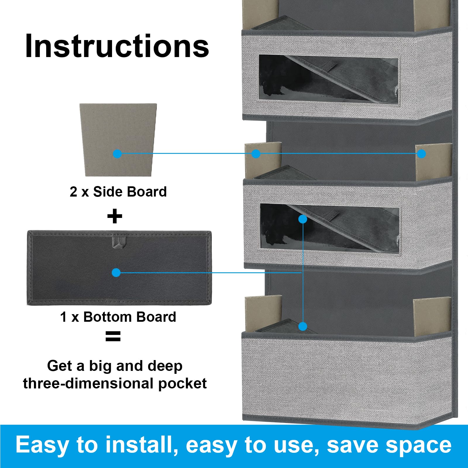 Over The Door Hanging Organizer Storage With 5 Large Pockets,Wall Mount Storage With Clear Windows And 2 Widened Metal Hooks For