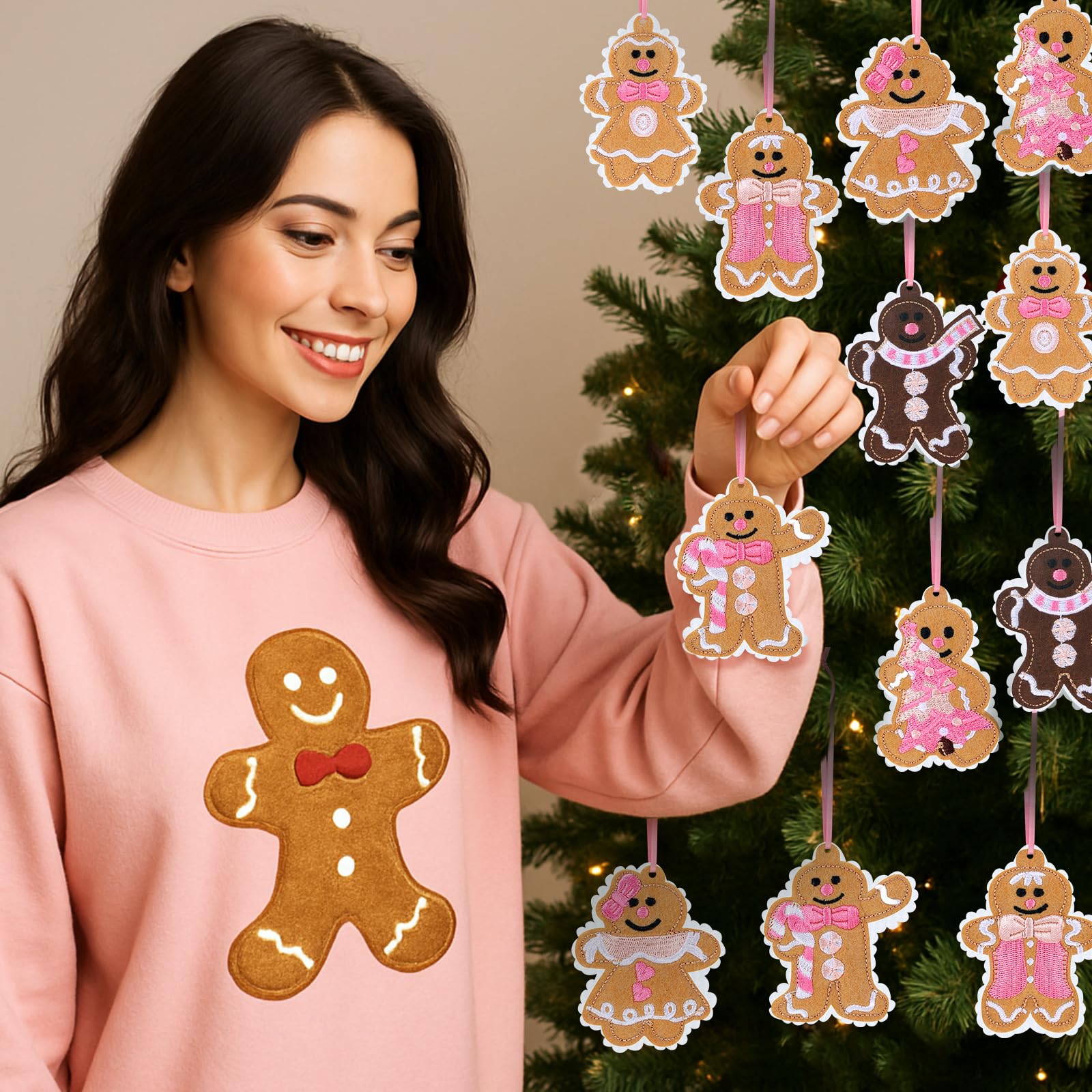Civaner 24 Pcs Pink Gingerbread Christmas Embroidery Ornaments Felt Embroidery Rustic Christmas Hanging Ornaments Pendants for X