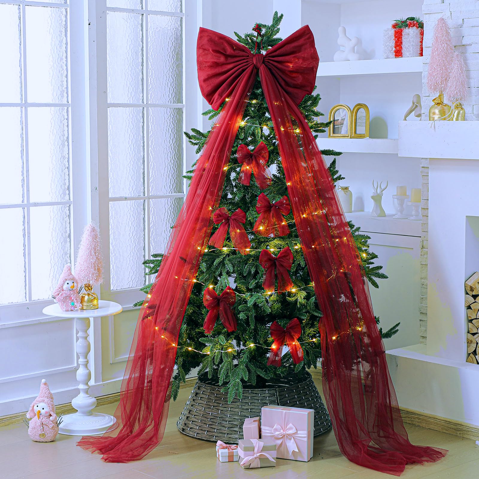 Daifunli Extra Large Mesh Christmas Tree Topper Bow 21.65 x 78.74 in with 12 Small Mesh Bow Decor Christmas Tree Topper Wreath B