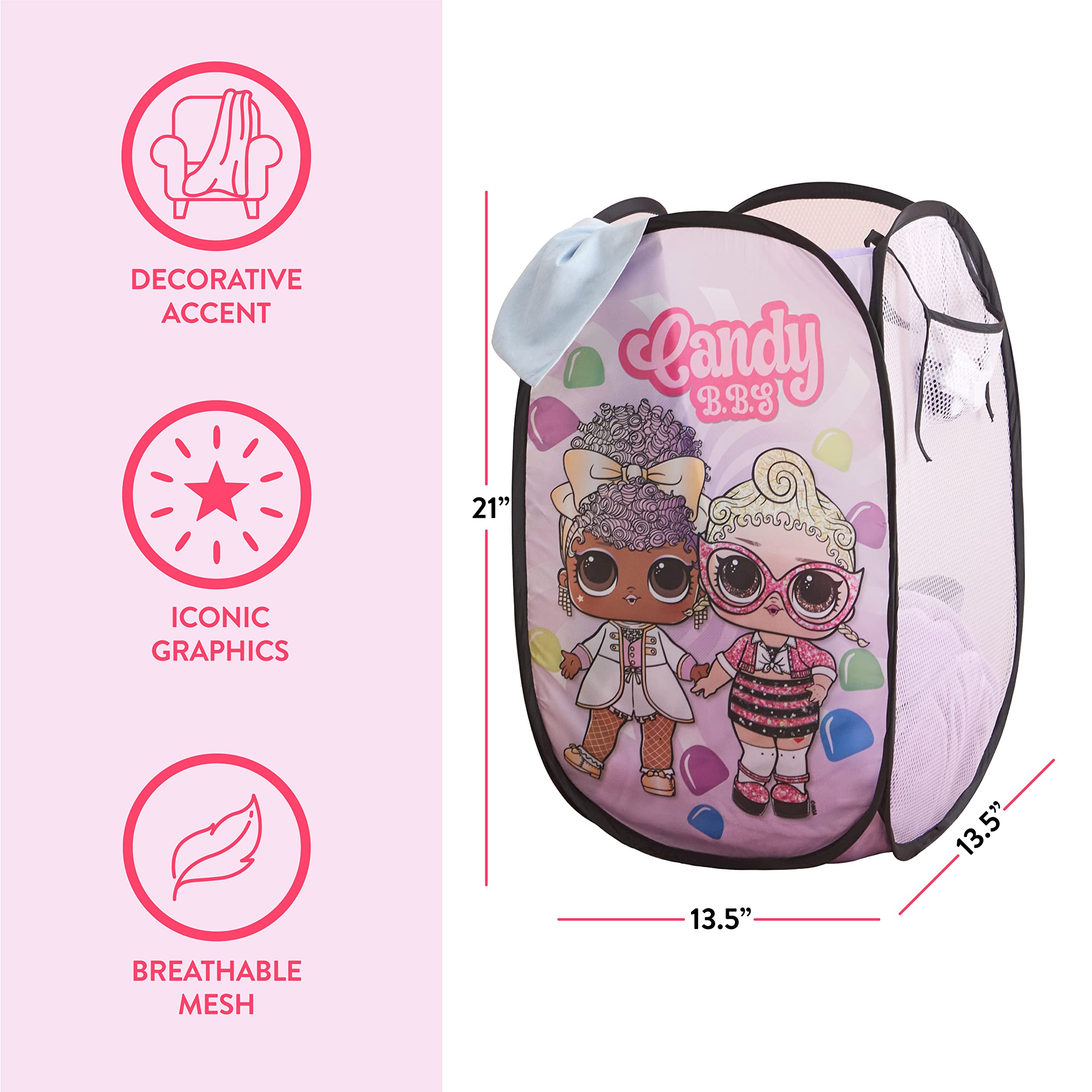 Idea Nuova Lol Surprise Pop Up Hamper With Durable Carry Handles, 21'' H X 13.5'' W X 13.5'' L, Lol Surprise/Light Pink