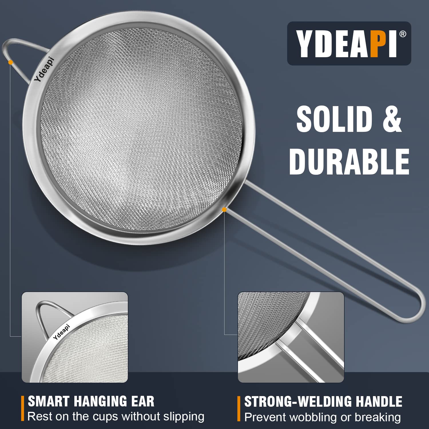 Ydeapi 9'' Large Fine Mesh Strainer With Handle, Metal Food Strainers For Kitchen, Sieve Fine Mesh Stainless Steel For Rice, Qui