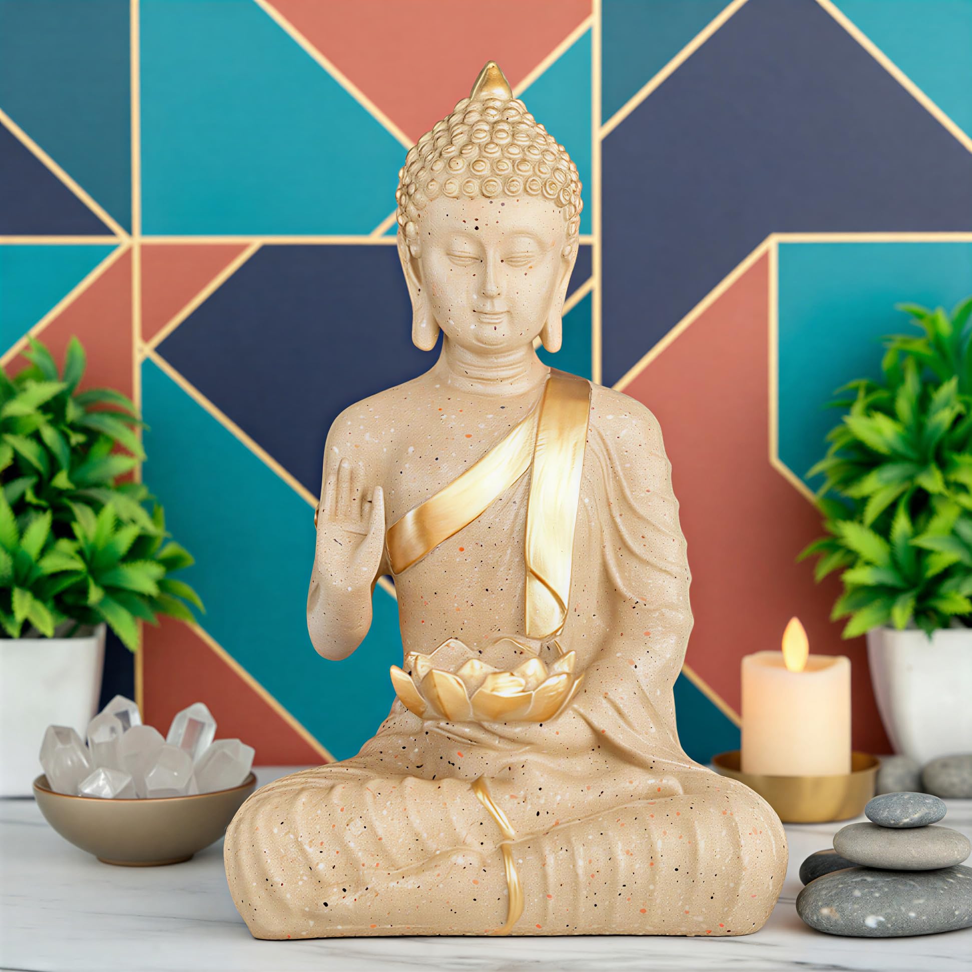 Heeran Art New Meditating Sitting Buddha Statue Showpiece Idol Home Decor Items For Living Room And Gifts (Stone White, Medium)