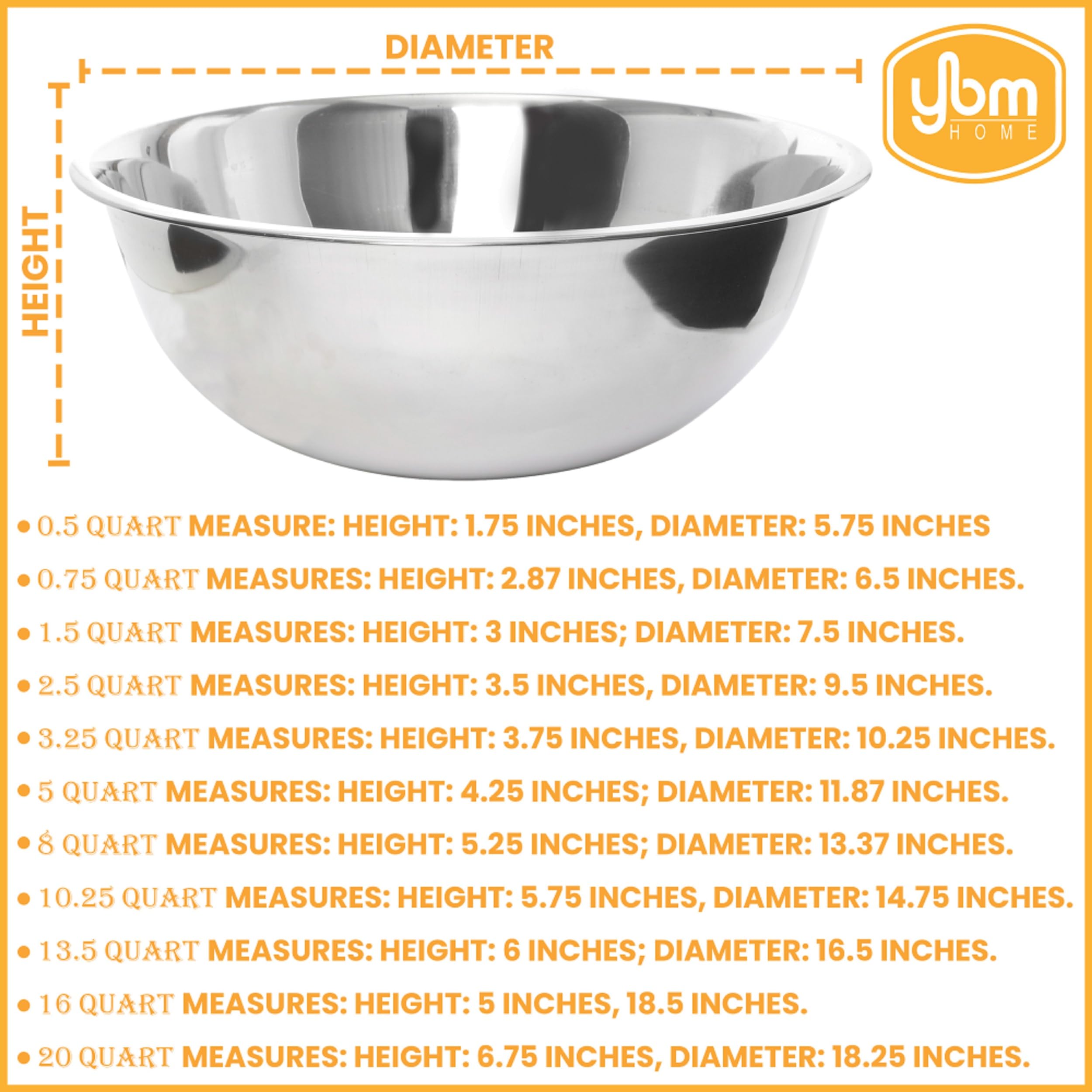 Ybm Home Stainless Steel Mixing Bowl For Cooking Baking, Mixing And Serving, Polished Mirror Nesting Metal Bowls Commercial Grad