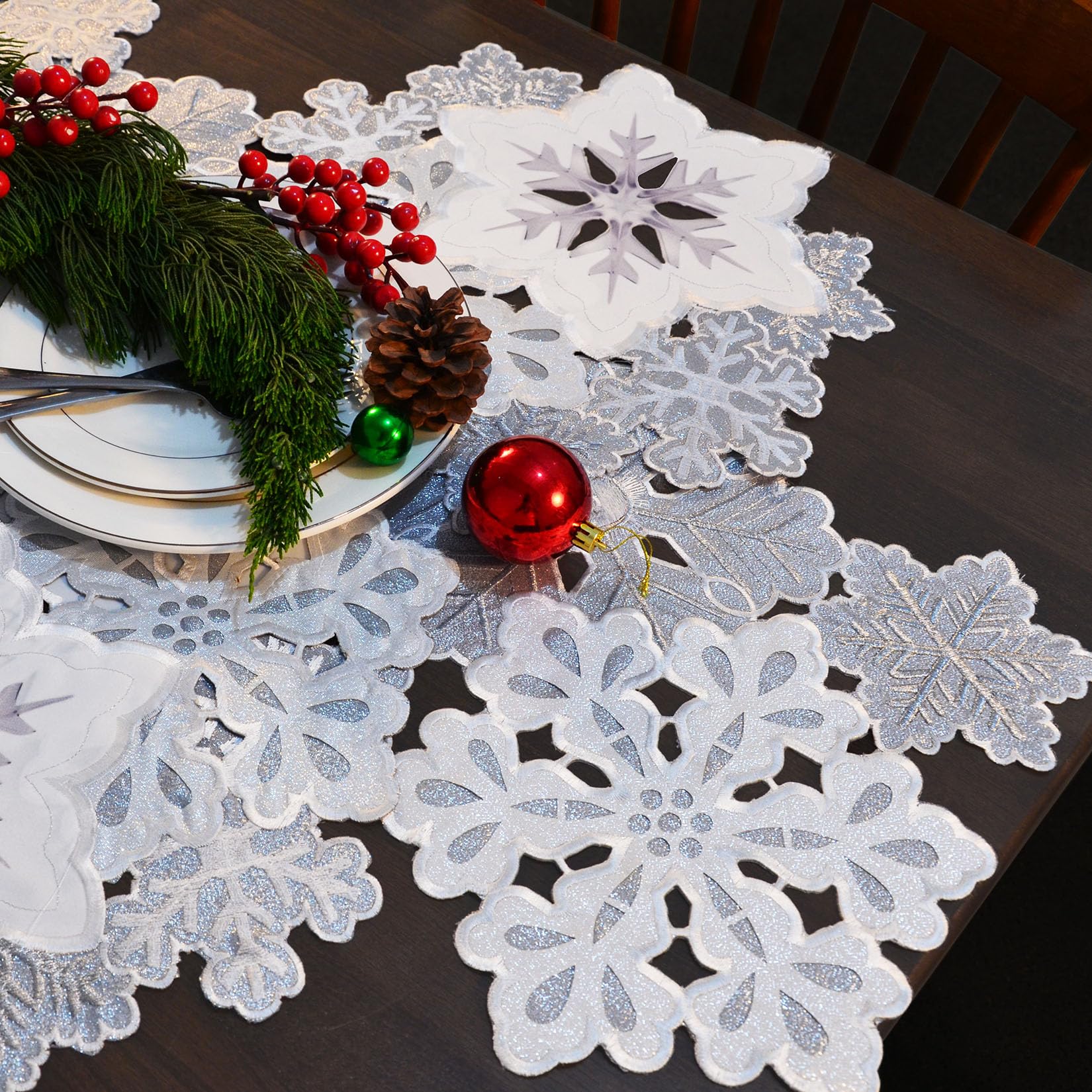 Grelucgo Machine Embroidered And Hand Cut Silver Grey And White Snowflakes Table Placemats For Christmas Holiday (13 X 19 Inches