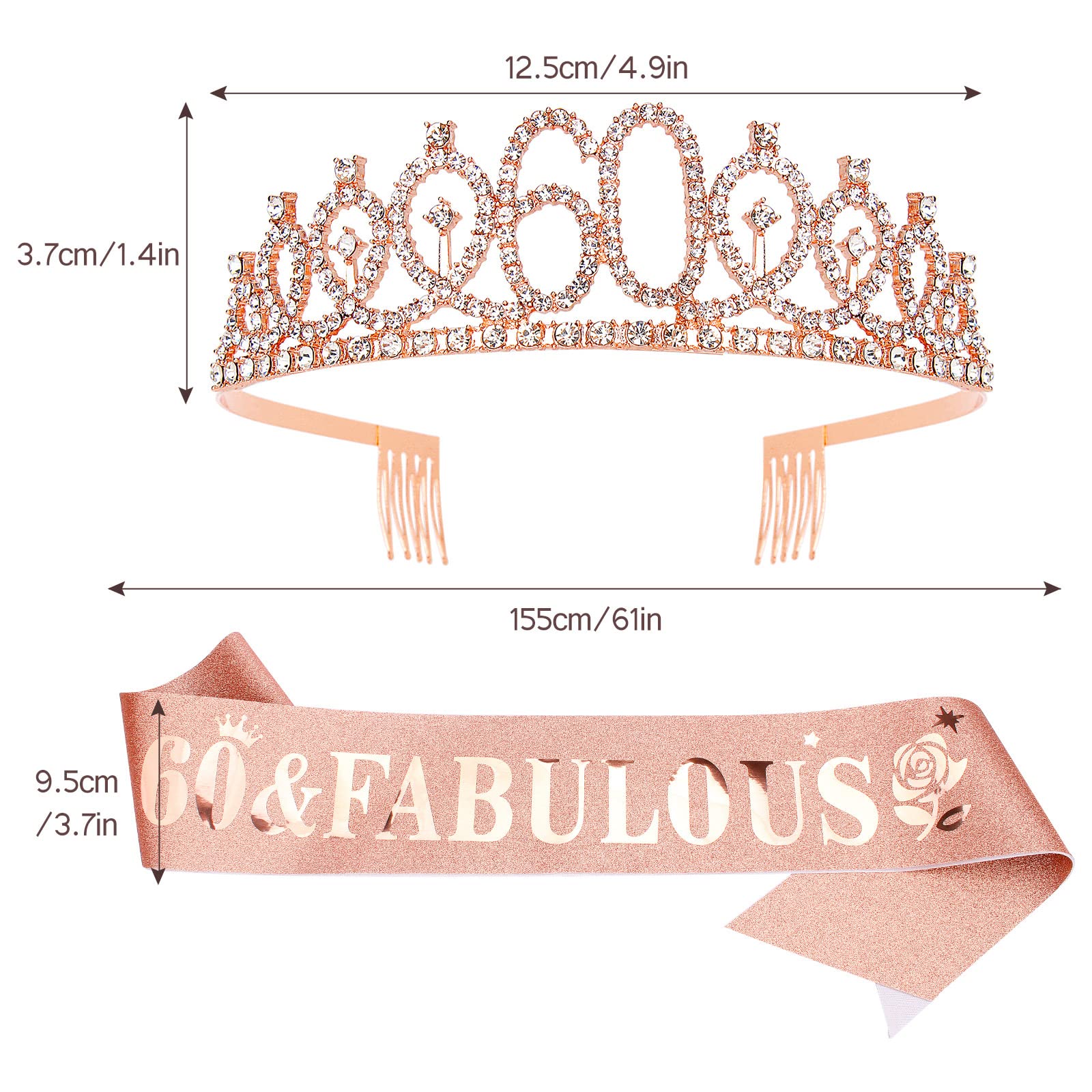 Casoty 60Th Birthday Sash And Tiara For Women, 60Th Birthday Decorations Women, Rose Gold 60Th Crown And ''60 & Fabulous'' Sash