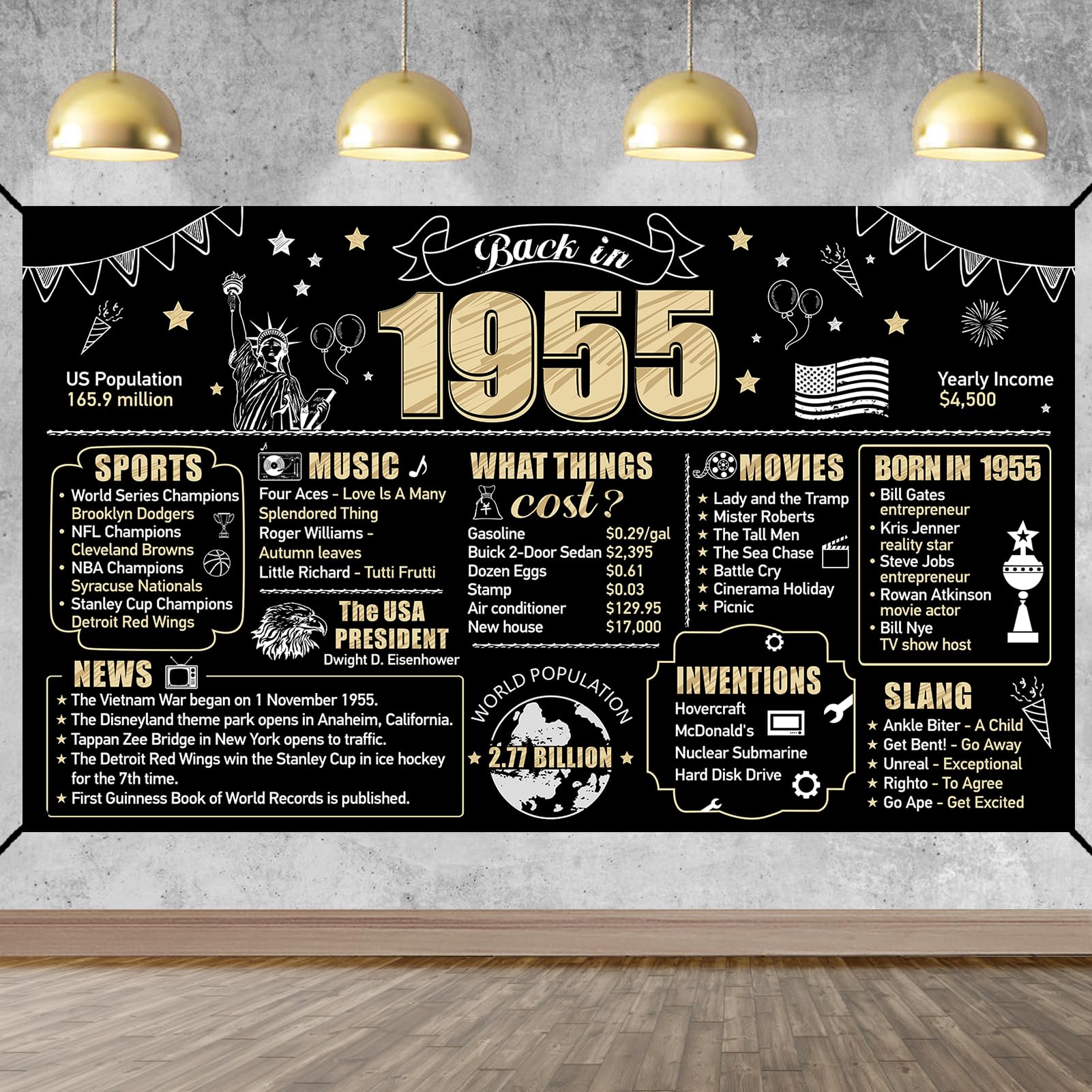 Eiurteao 70th Birthday Banner Decorations Back in 1955 Backdrop for Women Men, Black Gold Happy 70 Birthday Sign Party Supplies,