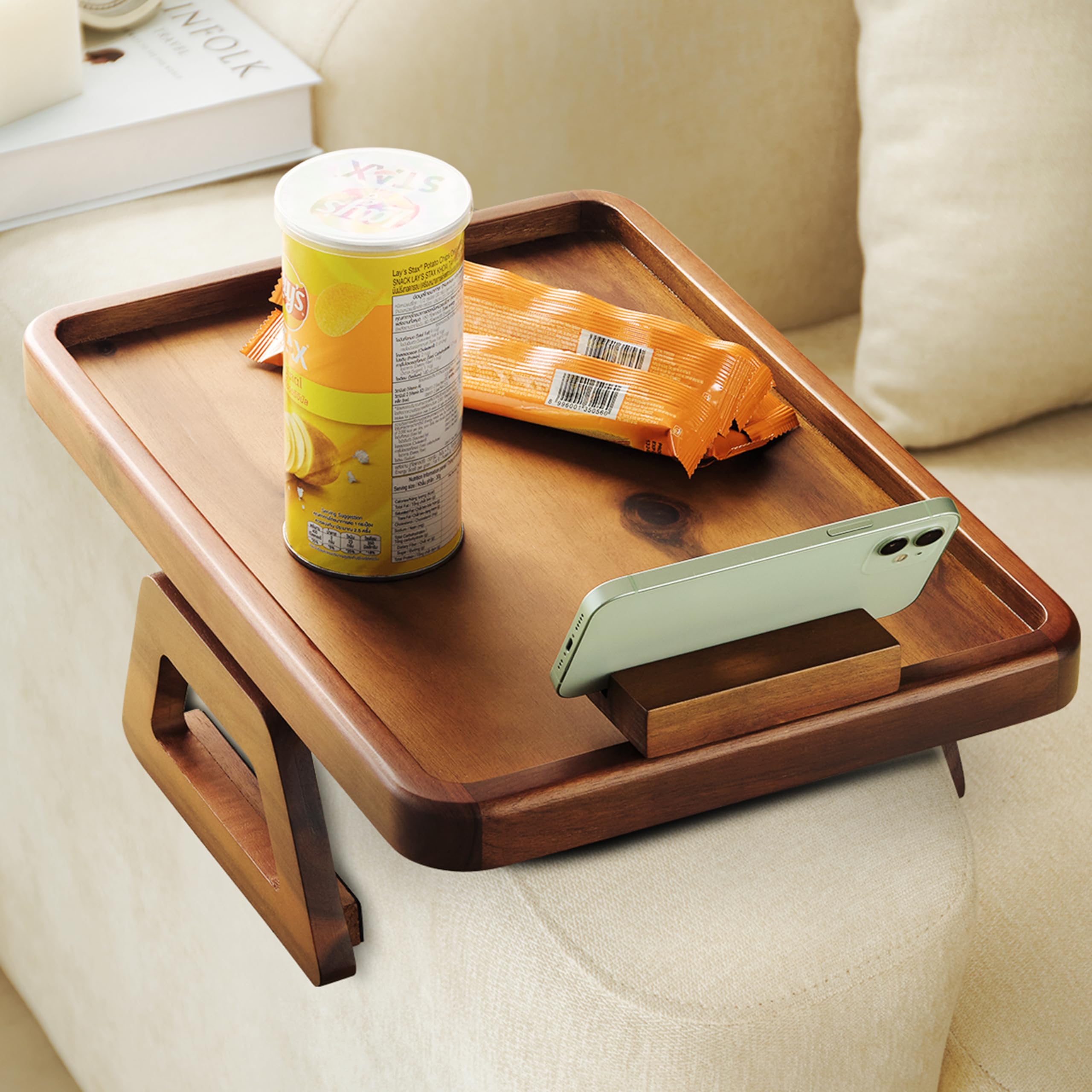 Tinamo 15.7 x 11 Large Couch Arm Table with 360 Rotating Phone Holder - Sofa Arm Clip Table for Living Room - Sofa Armrest Tray 