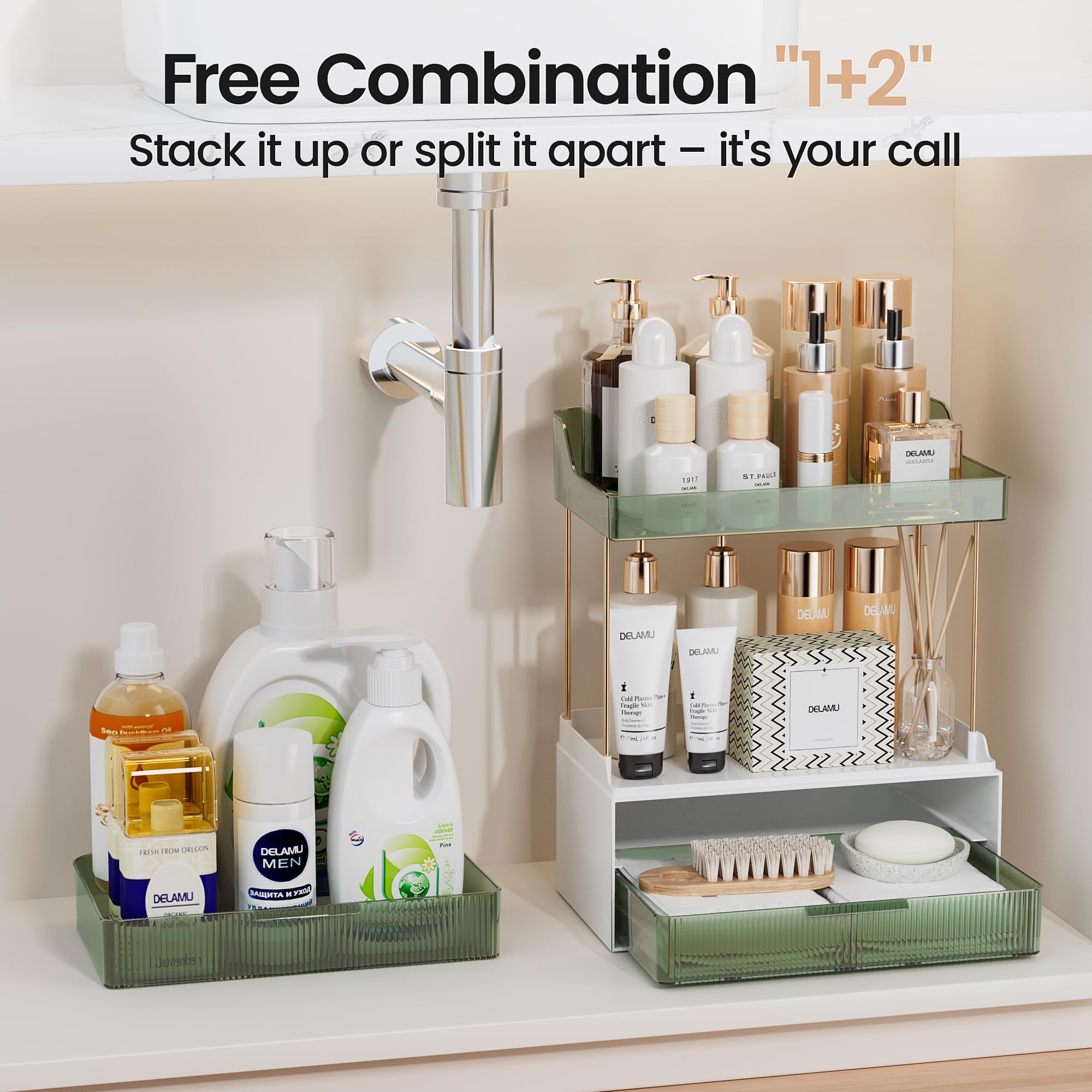 Delamu 2-Tier 2-Drawer Bathroom Organizer Countertop, Multi-Purpose Makeup Organizer Countertop, Large Skincare Organizers, Exqu