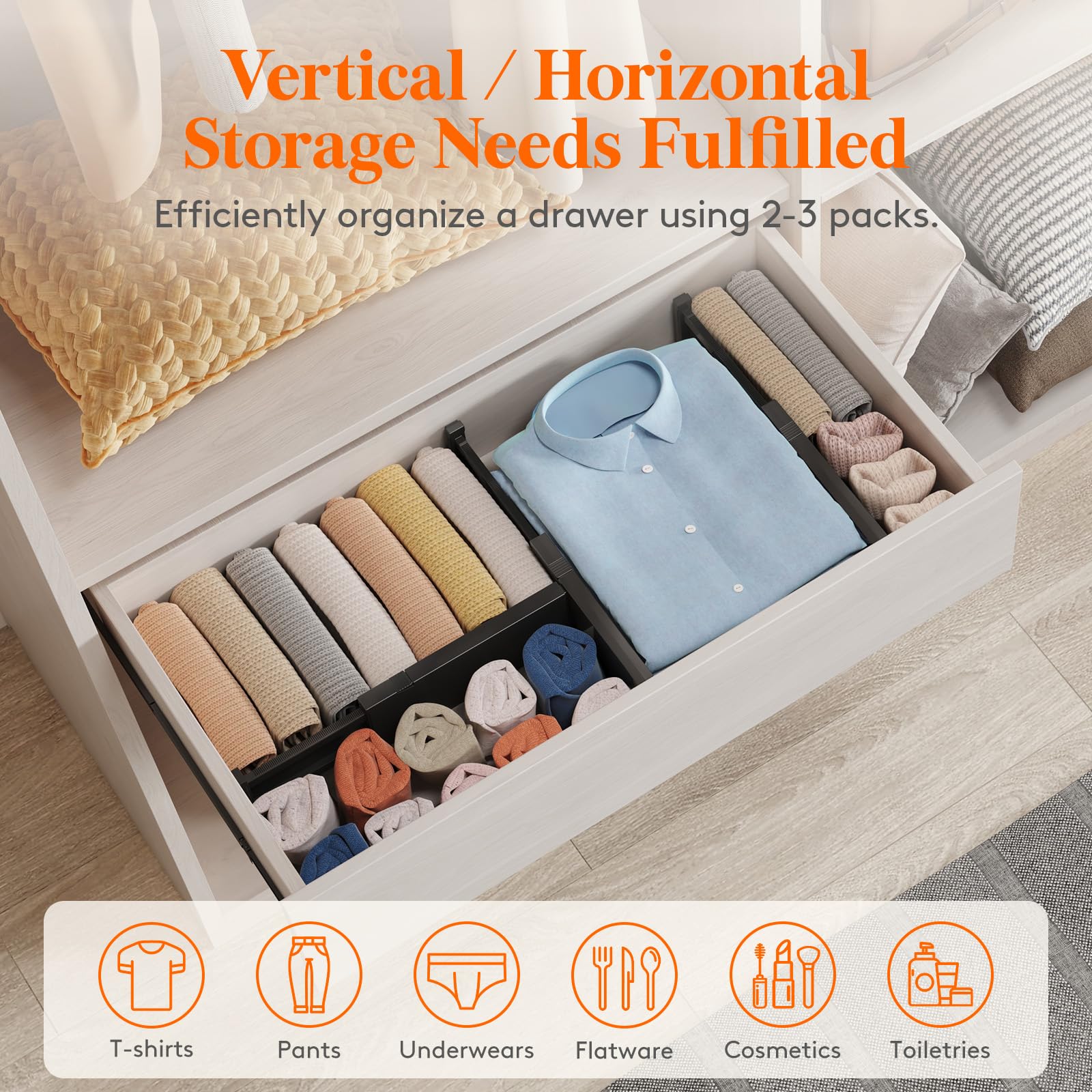 Lifewit 6 Pack Drawer Dividers 4'' High, 11-17'' Adjustable Drawer Organizers for Clothes, Expandable Dresser Separators in Bedr