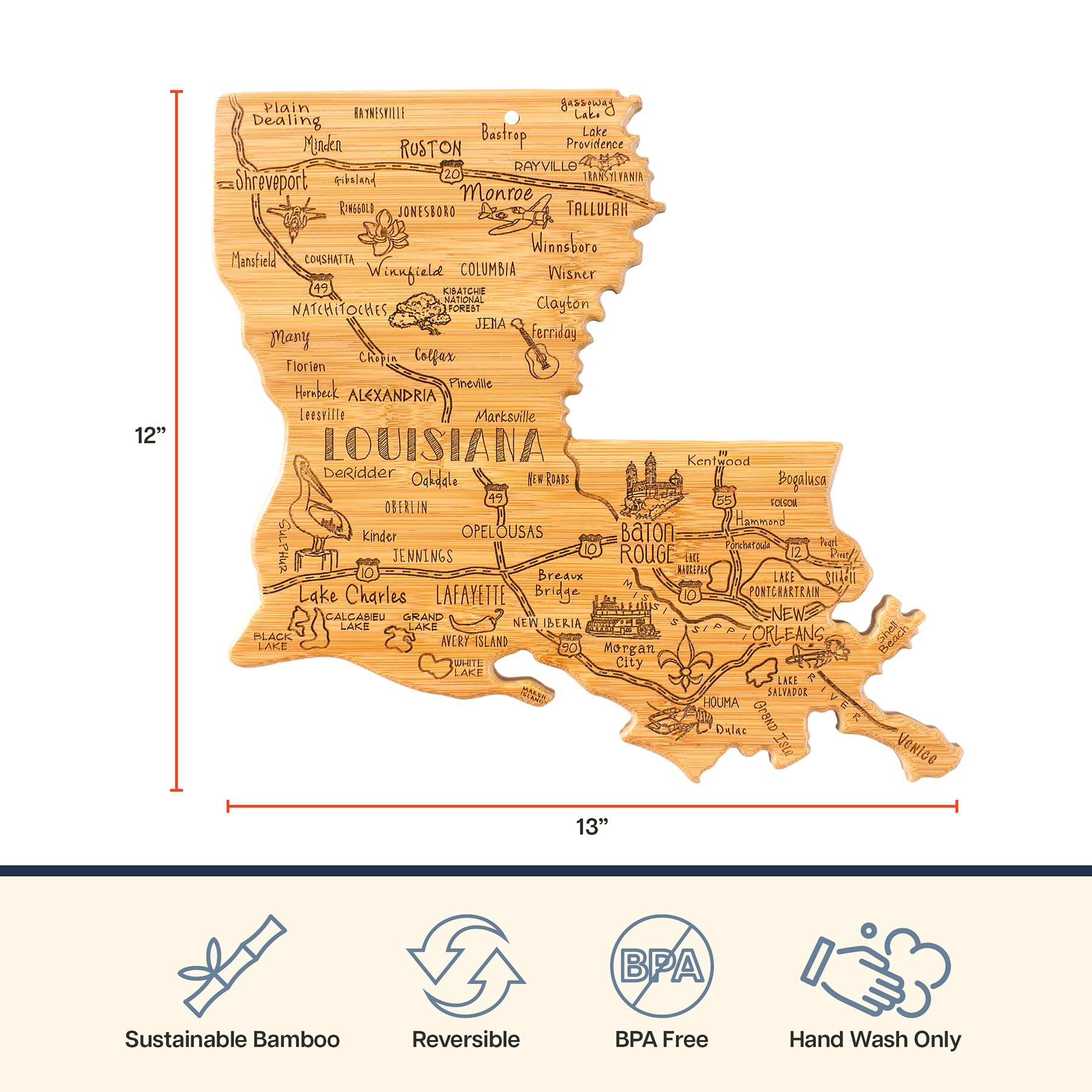 Totally Bamboo Destination Louisiana State Shaped Cutting Board, Charcuterie and Cheese Serving Board - Louisiana Gift for Home