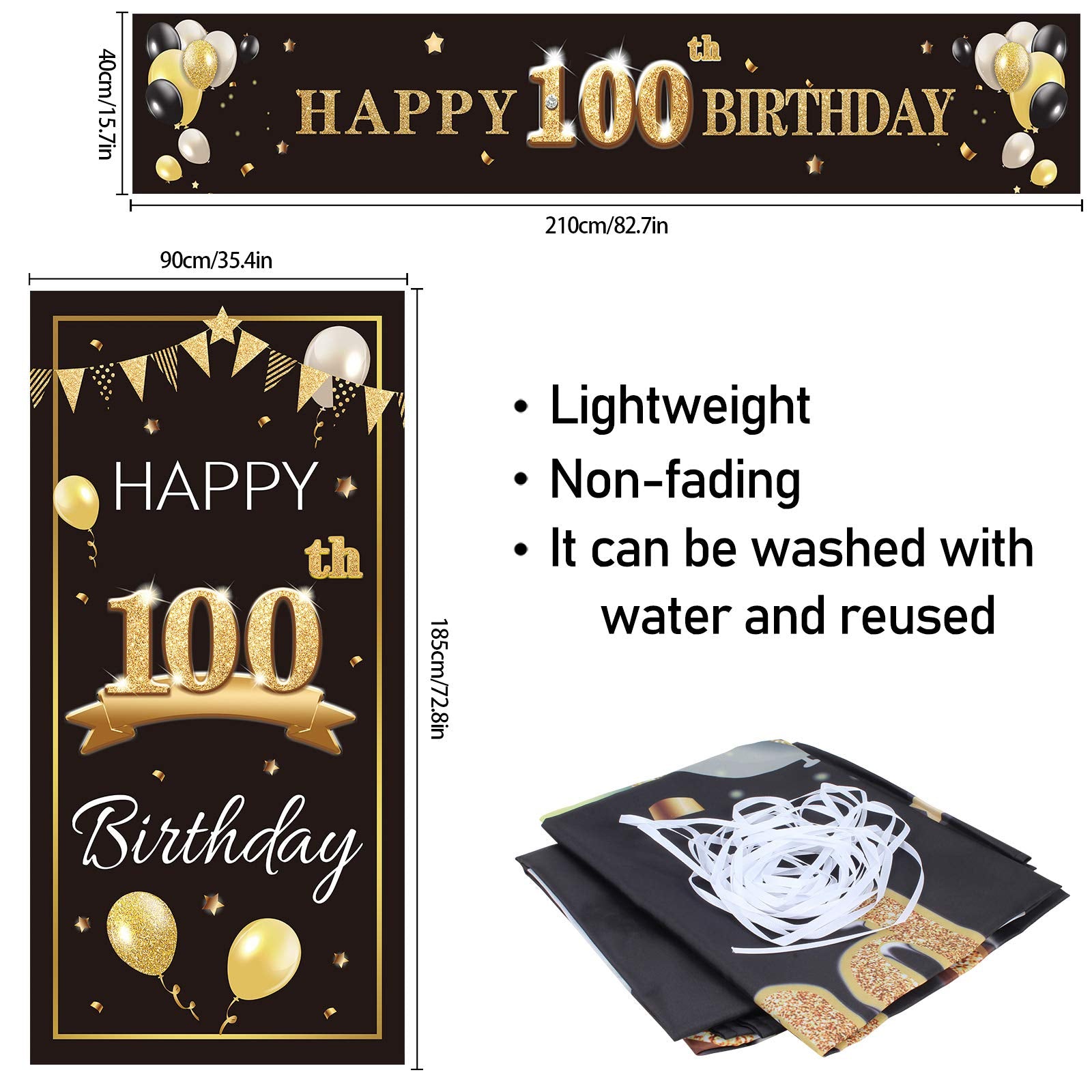 Pakboom Happy 100Th Birthday Door Cover Porch Banner Sign Set - 100 Years Old Birthday Decorations Party Supplies For Men - Blac