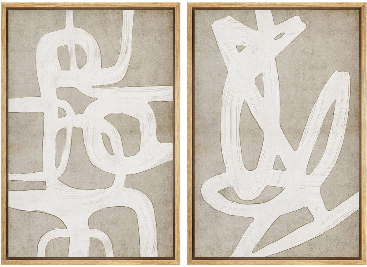 Signwin Framed Canvas Print Wall Art Set Mid-Century Tan Paint Strokes Abstract Shapes Illustrations Minimalism Decorative Bohem