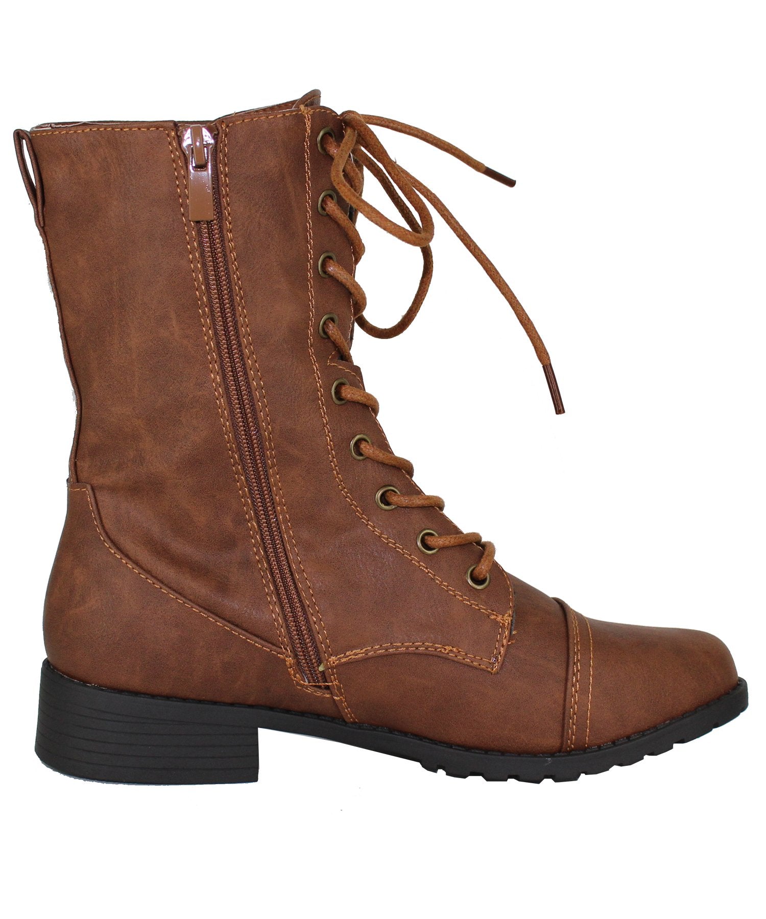 Forever Link Womens Round Toe Military Lace Up Knit Ankle Cuff Low Heel Combat Boots, 6, Tan