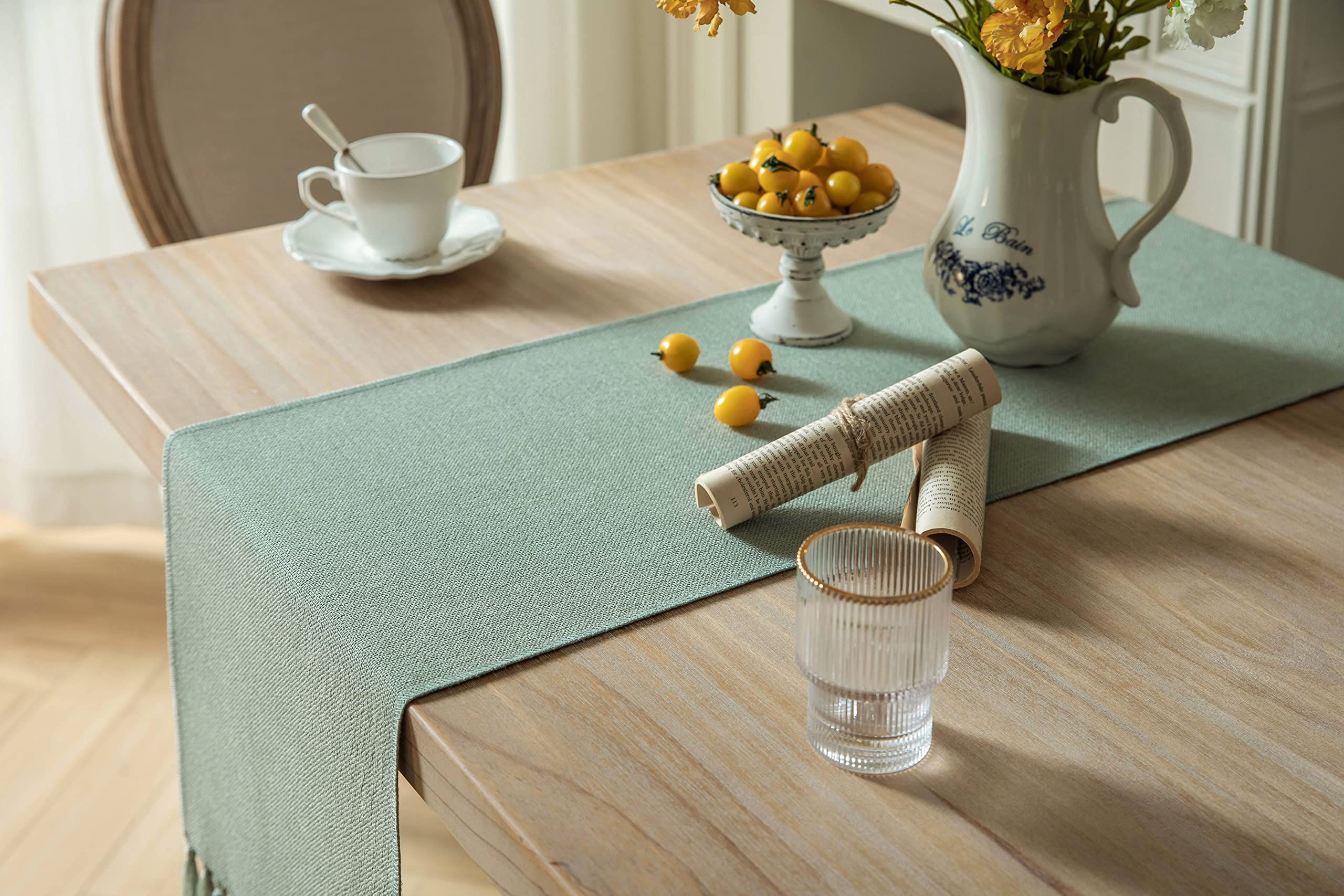 Zeemart Sage Table Runners 48 Inches Long, Burlap Linen Style Rustic Farmhouse Table Runner, Small Short Boho Coffee Table Runne