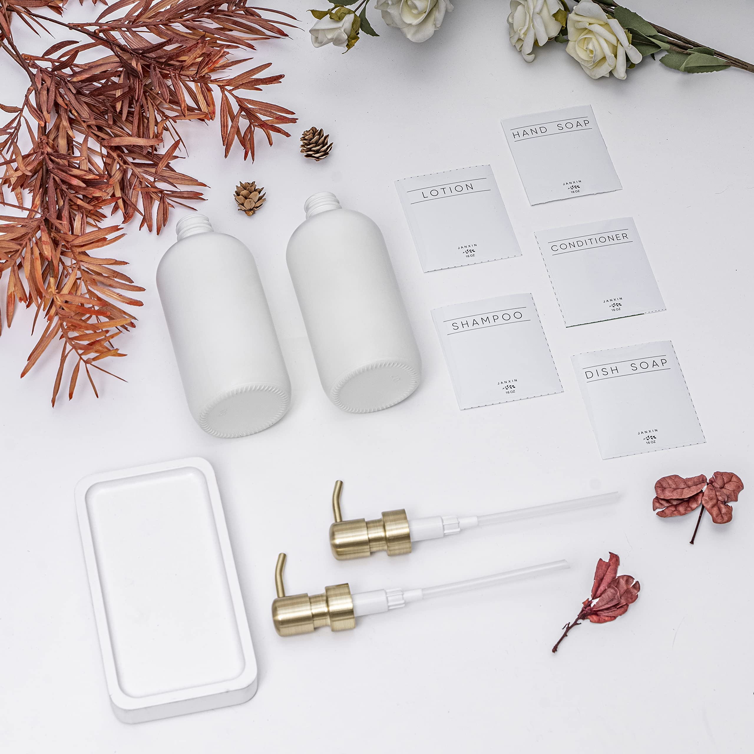 Janxin Glass Soap Dispenser for Kitchen with Stainless Steel Pump and Wood Tray  Modern Bathroom Dispenser with Waterproof Labels for Hand  Dish Soap  Lotion(White Bottles+Gold Pumps)