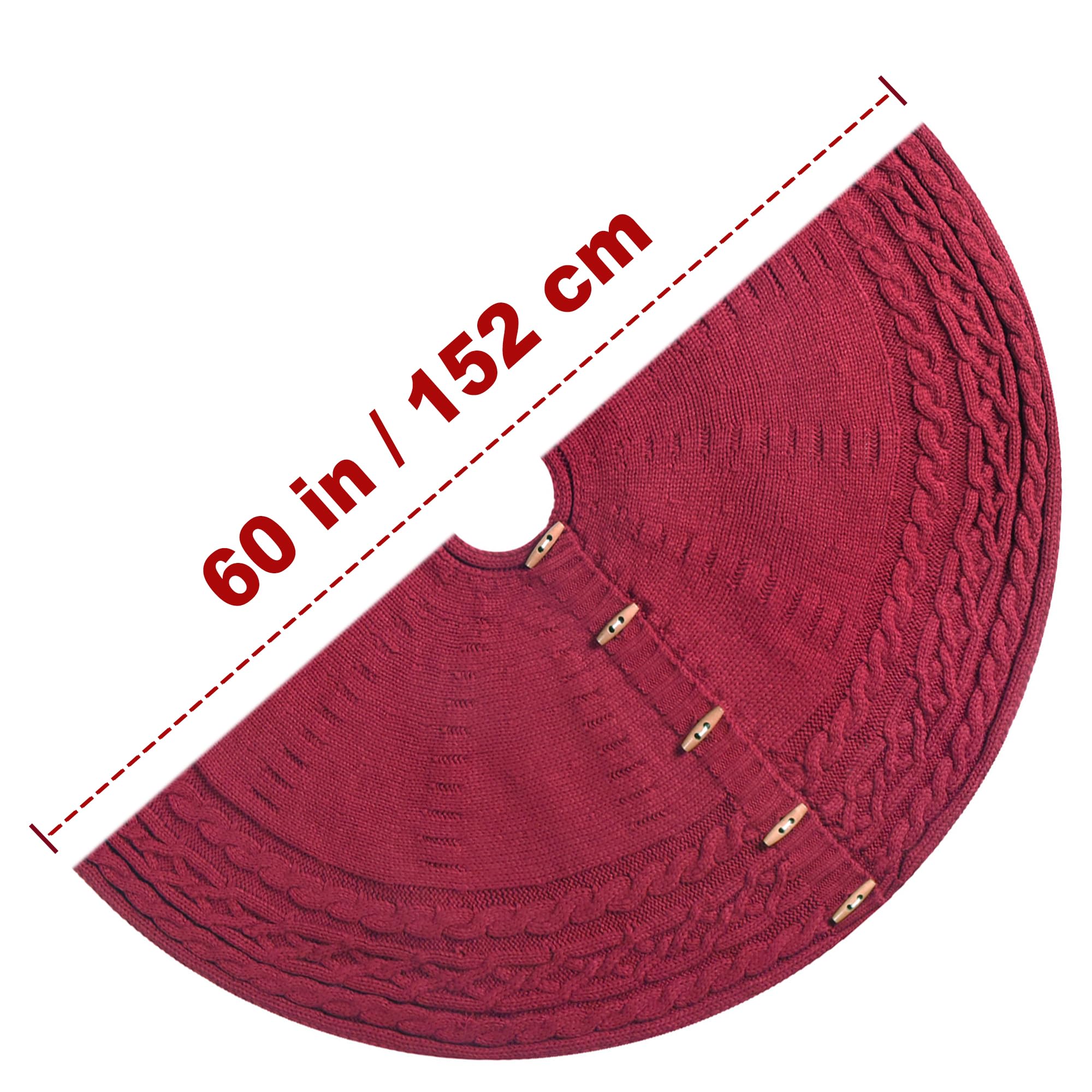 Starry Dynamo 60-Inch Cable Sweater Knit Christmas Tree Skirt with Wooden Toggles, Burgundy
