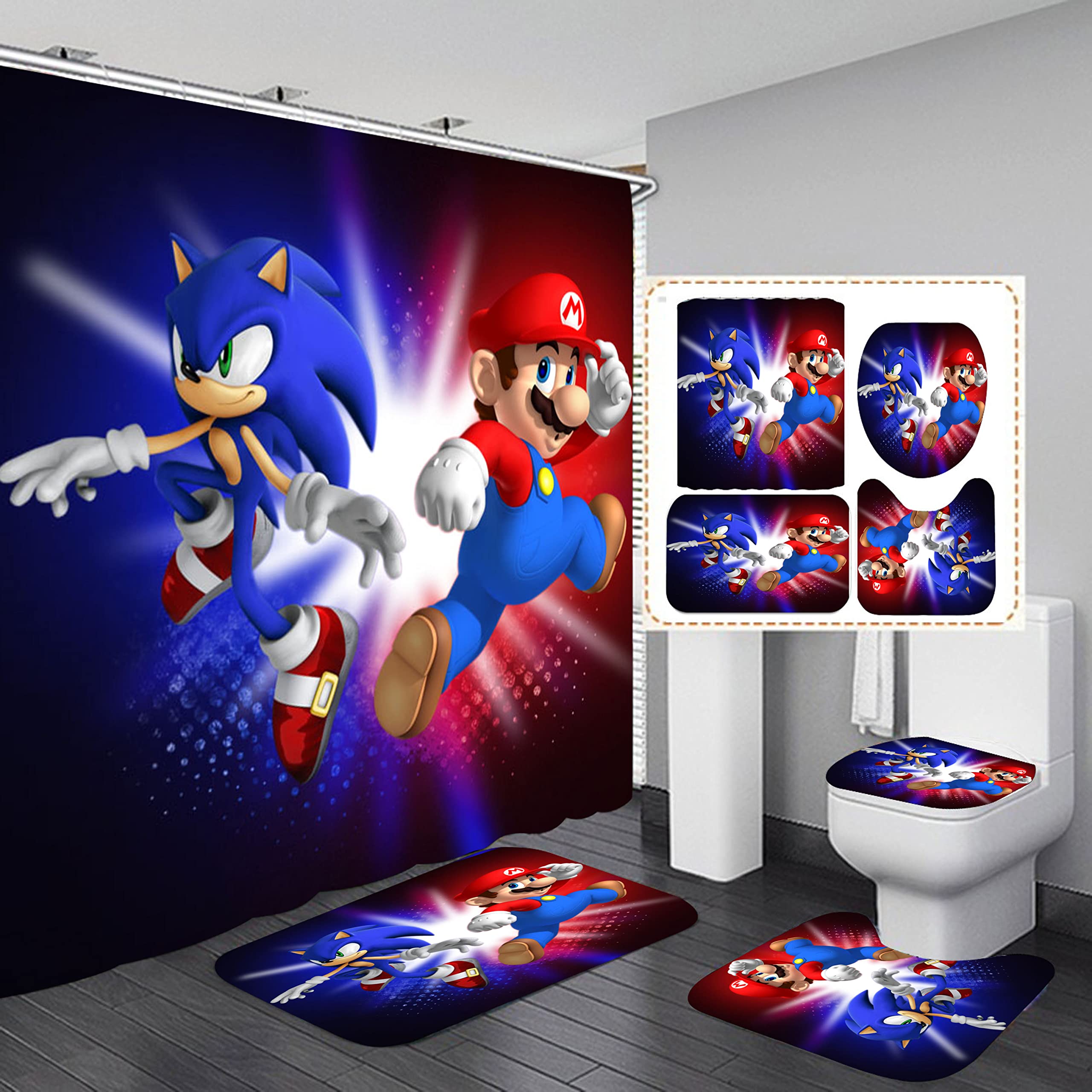 Super Sonic And Mario Bathroom 4 Pieces Set Shower Curtain, Toilet Lid Cover And Bath Mat, Non-Slip Rugs, Durable And Waterproof