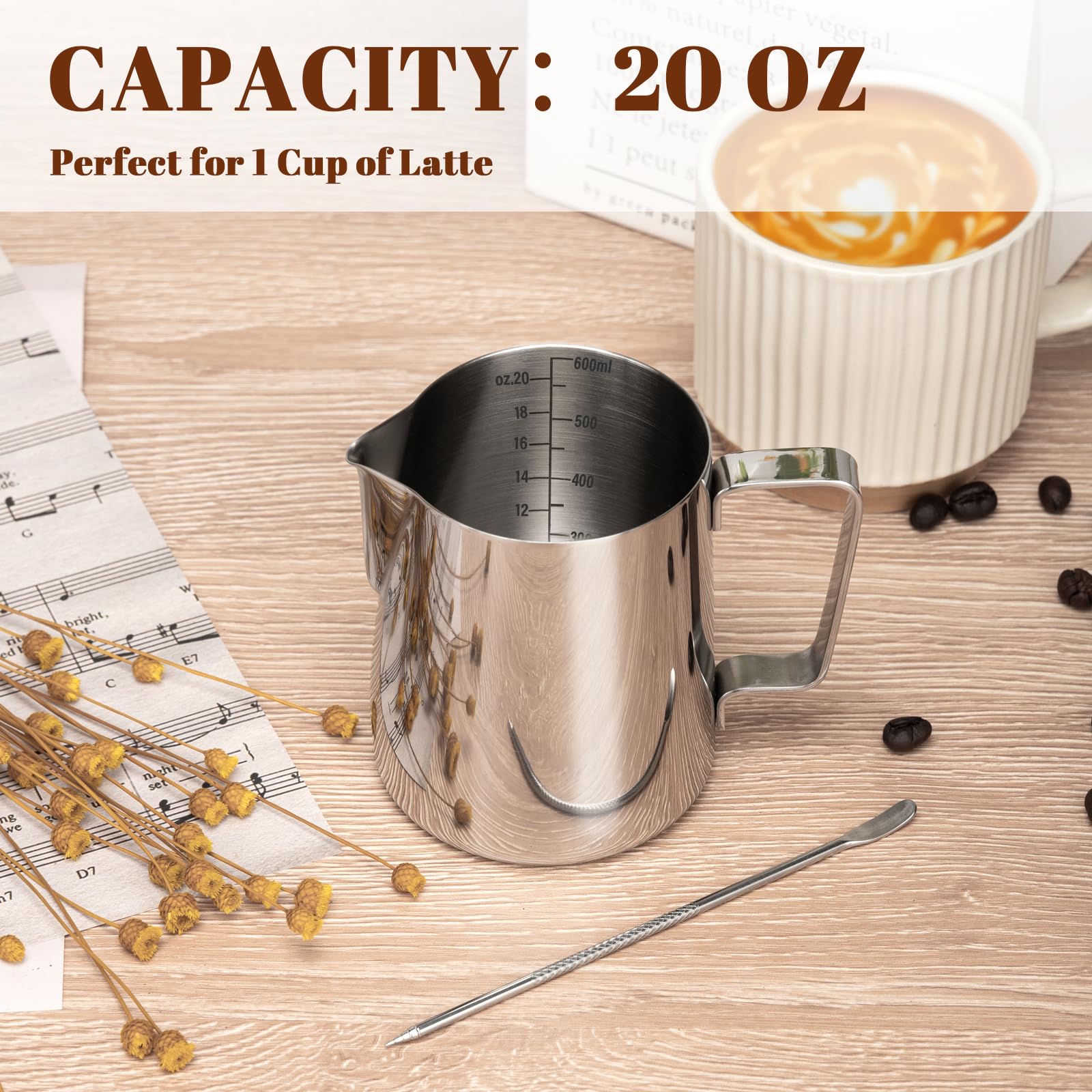 Amrules Milk Frothing Pitcher, 20Oz Milk Frother Cup With Clear Scale, 304 Stainless Steel Cappuccino Espresso Machine Accessori