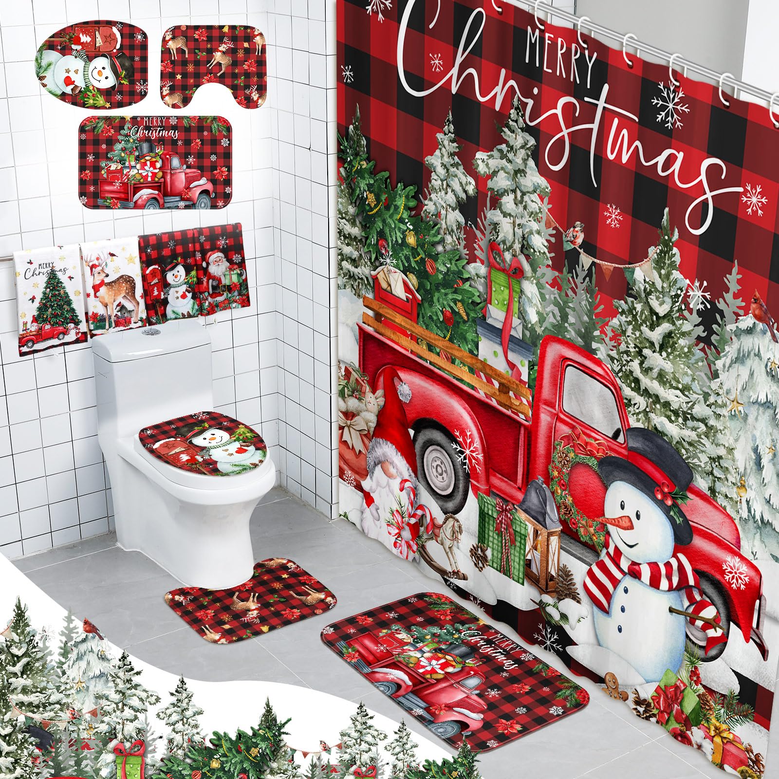 FuWeave 8 Pcs Christmas Shower Curtain Set Xmas Santa Bathroom Decoration Christmas Tree Hand Towels Snowman Toilet Lid Cover Ba