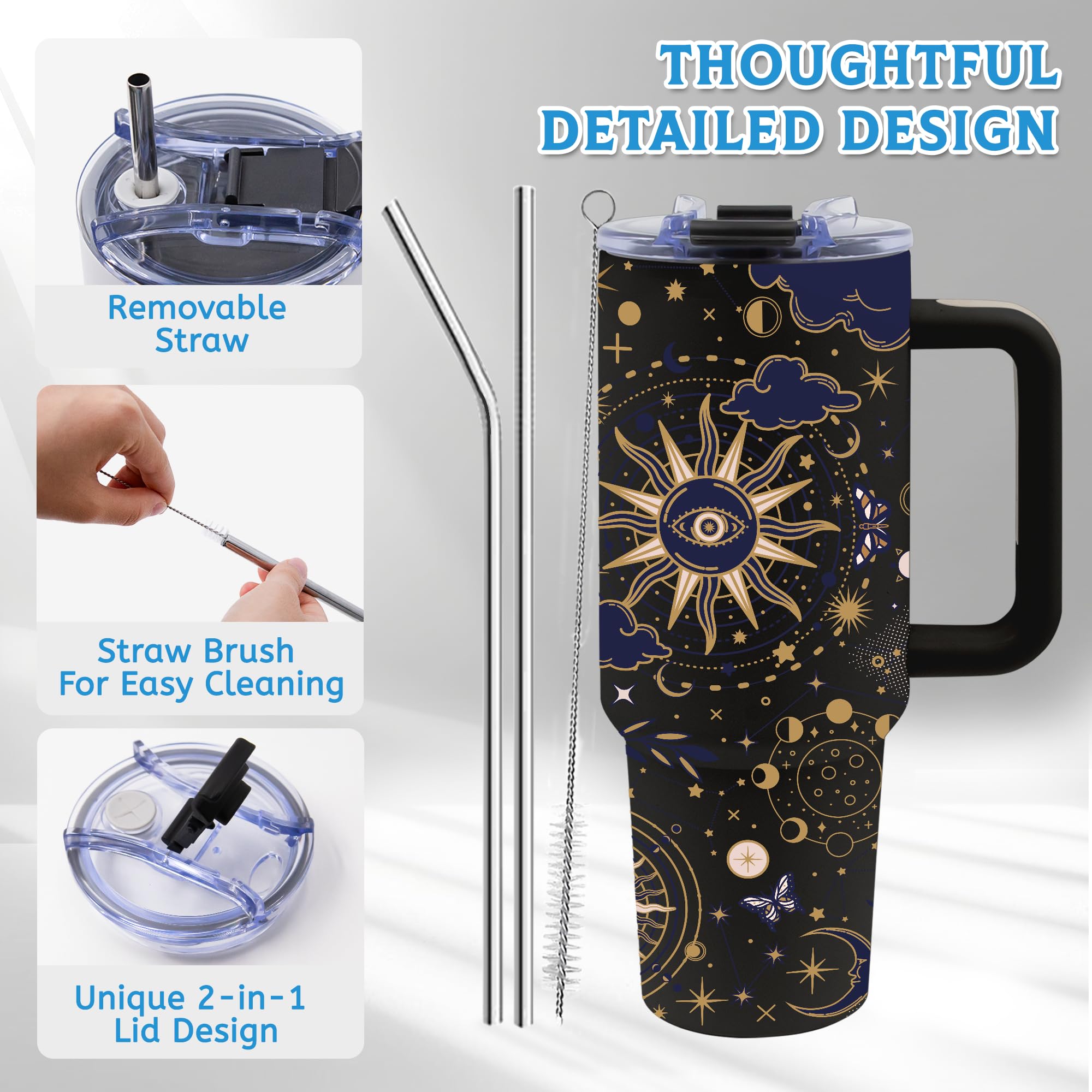 TNASURHUS Tarot 40 oz Tumbler with Handle and Straw, Insulated Stainless Steel Witch Tumbler, Goth Style Gothic Cup, Witchy Gift