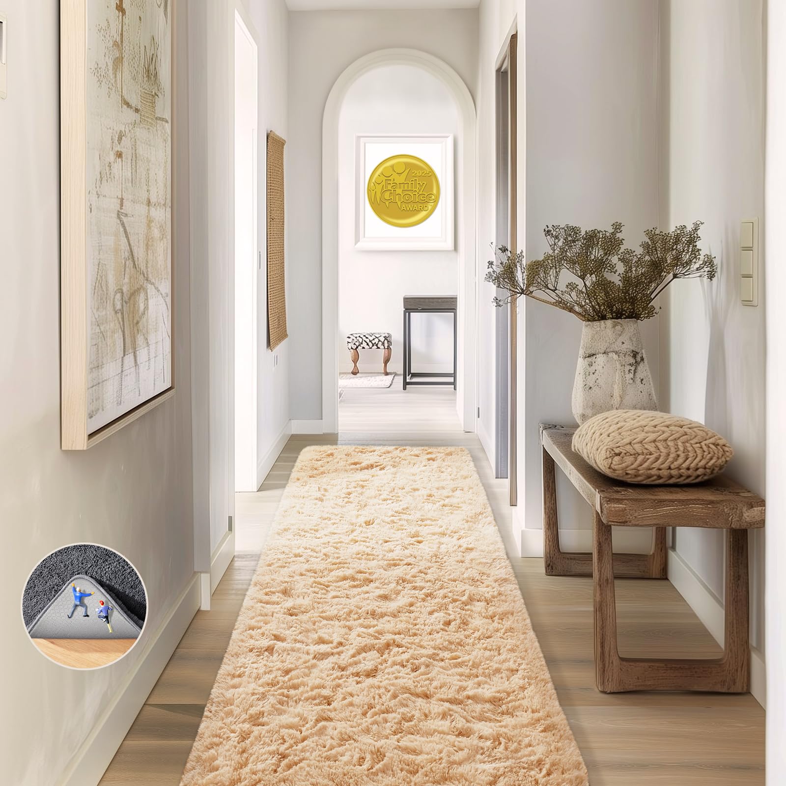 Ophanie 2x8 Runner Rug for Hallway, Upgrade Non-Slip Fluffy Soft Bedside Rugs, Bedroom Living Room Beige Shaggy Carpet for Kids 