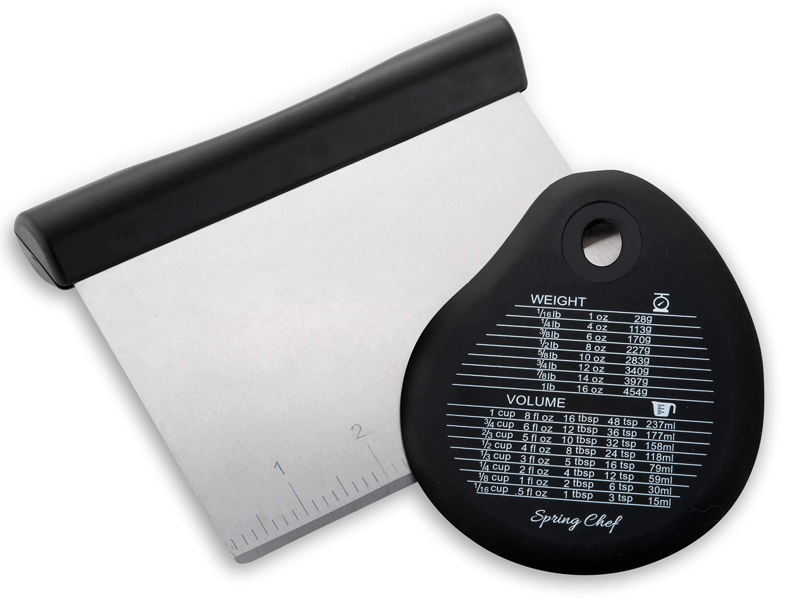 Spring Chef - Bench Scraper, Stainless Steel Scraper, Pastry Scraper, Pizza And Dough Cutter, With Bonus Bowl Scraper, Black