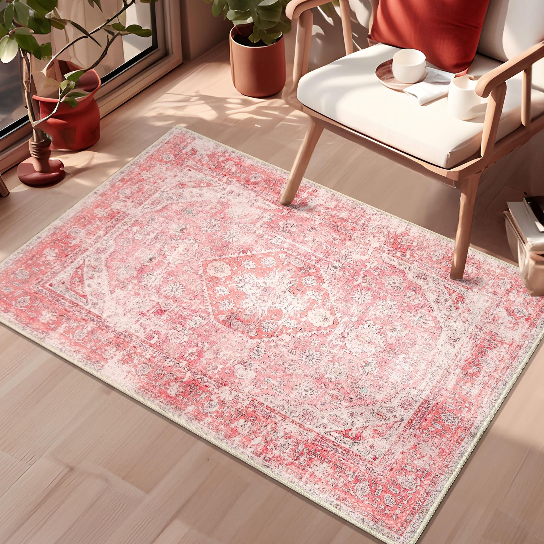 MUJOO Pink Rugs for Bedroom Girls Small Boho Area Rug Washable Rugs for Entryway Non Slip Throw Carpet for Bathroom Door Mat Sho