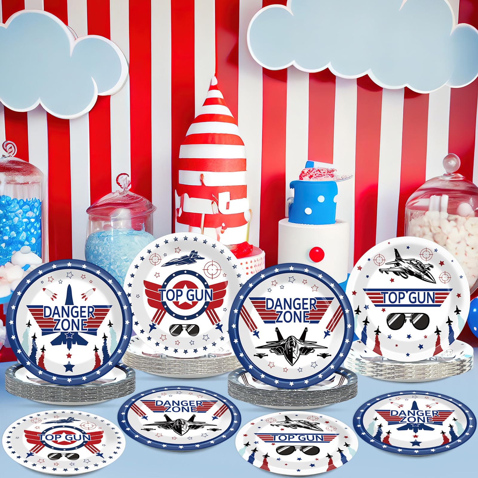 48Pcs Fighter Jet Pilot Birthday Party Paper Plates For Airplane Aviation Party Supplies 7'' Fighter Jet Pilot Themed Birthday P