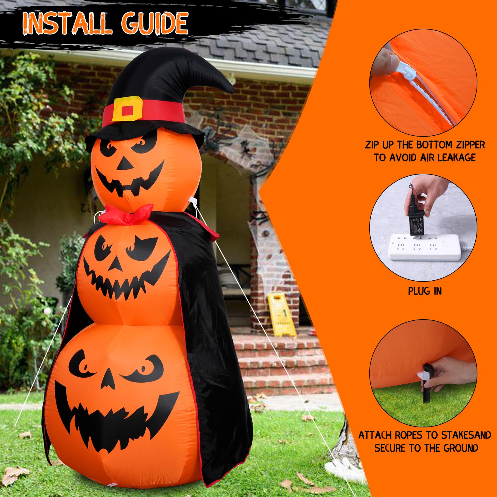 Reclite 6FT Halloween Inflatables Stacked Pumpkins Decor with Witch? Hat Halloween Blow Up 3 Pumpkins Built-in Led Light Pumpkin