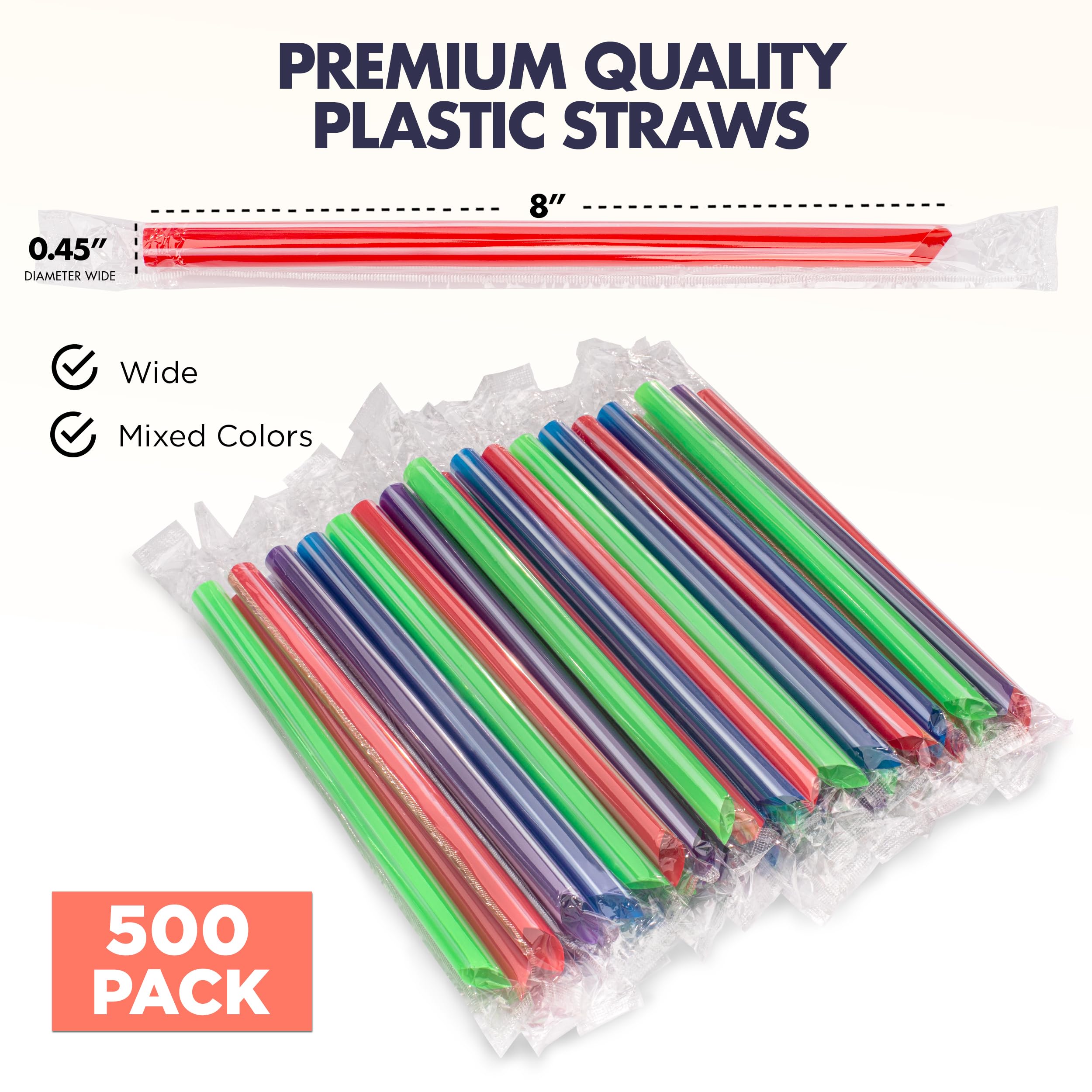 Fit Meal Prep 500 Pack Plastic Large Smoothie Straws 8'', Individually Wrapped Big Milkshake Straws, Bpa Free Disposable Jumbo S