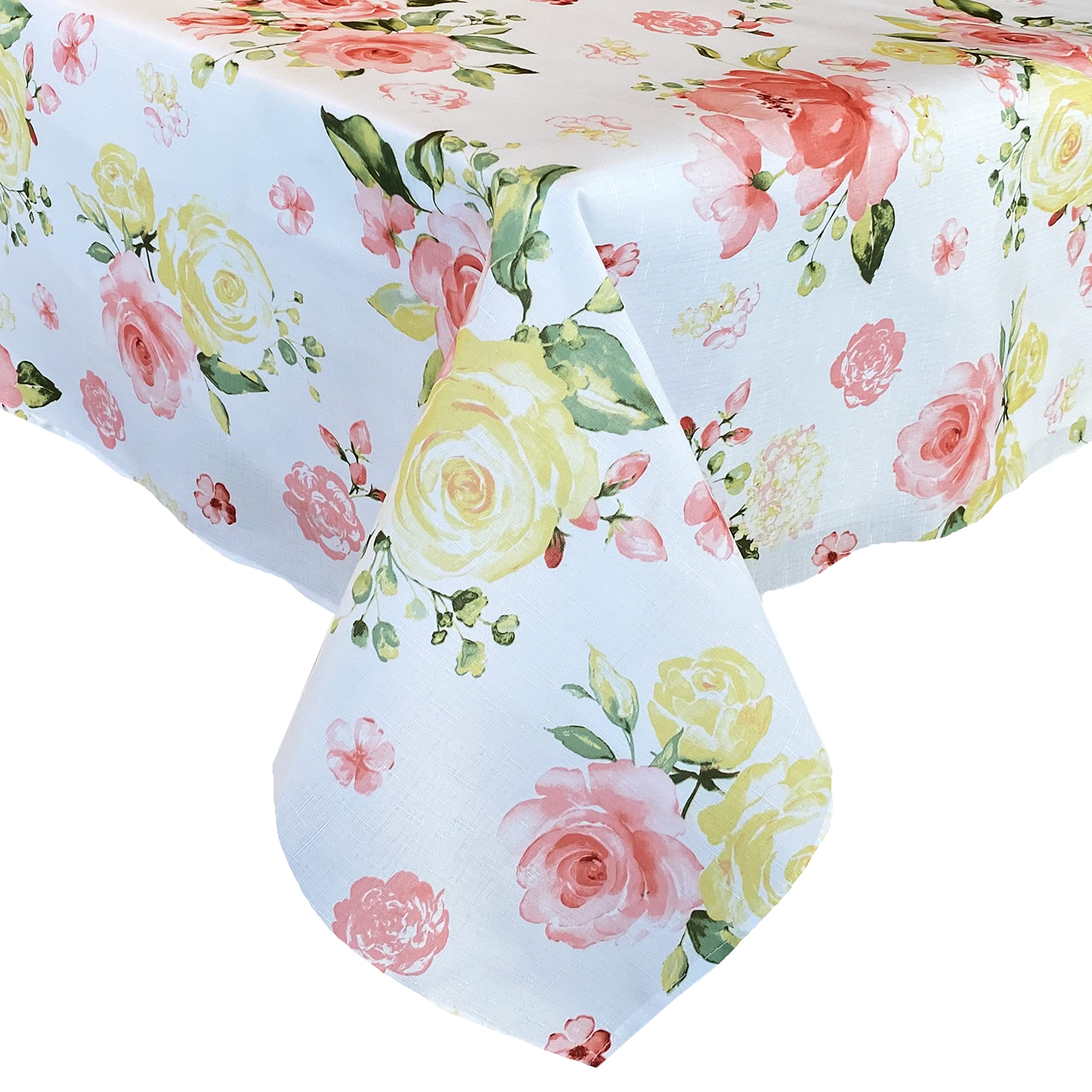 Newbridge Easter Marie Yellow And Pink Rose Petal Floral Rectangle 52 X 70 Inch Fabric Tablecloth, Stain And Wrinkle Resistant T