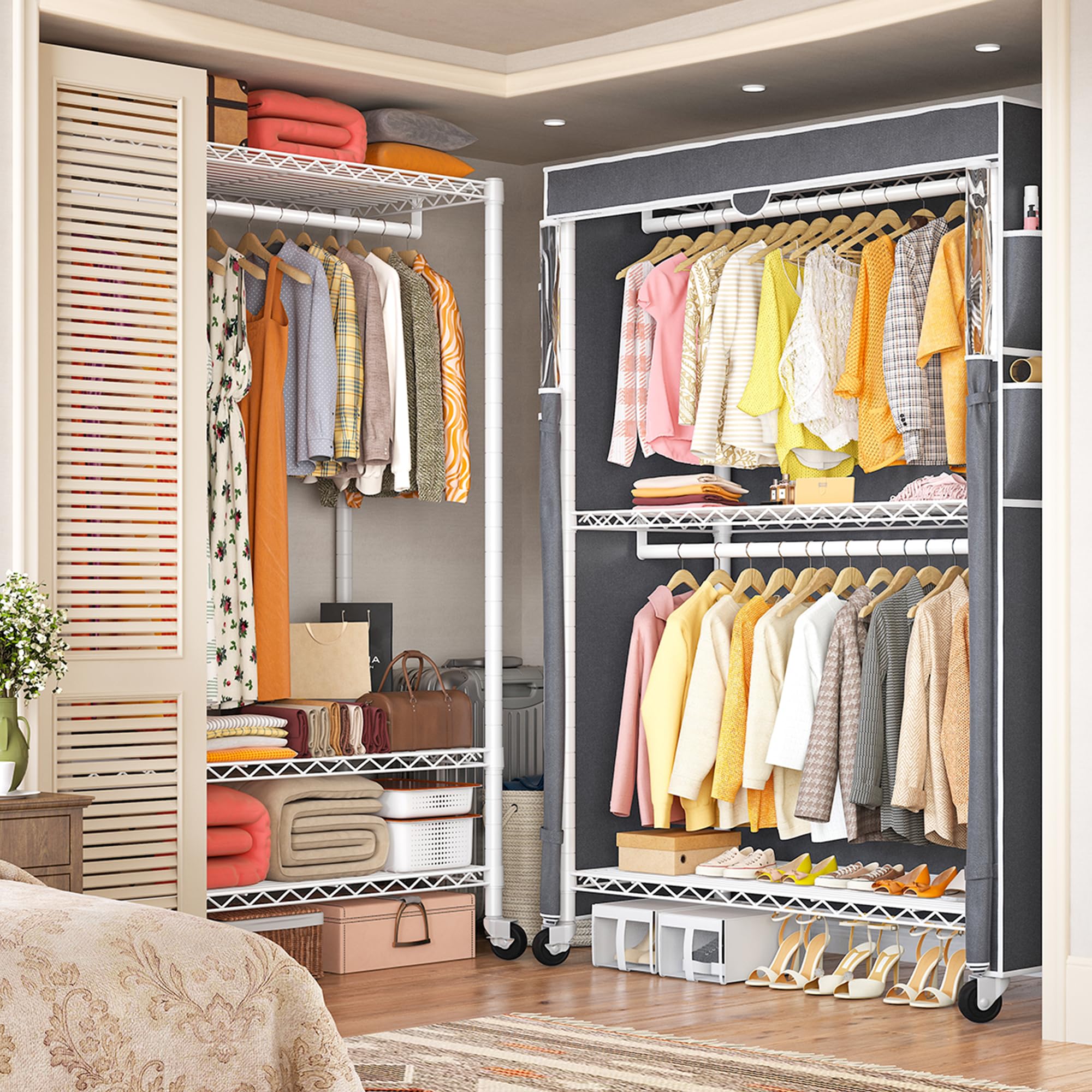Raybee Heavy Duty Clothes Rack With Cover Clothing Racks For Hanging Clothes With Wheels And Adjustable Feet Portable And Load 5