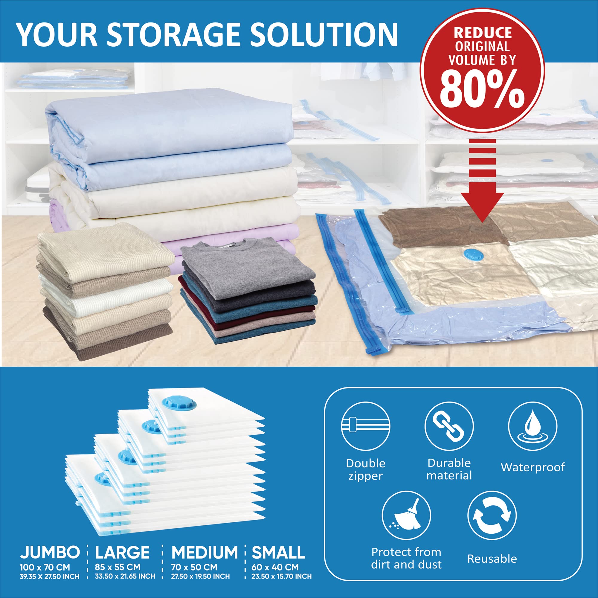 12 Space Saver Vacuum Storage Bags  Vacuum Sealed Storage Bags (3 Jumbo/3 Large/3 Medium/3 Small) with Hand Pump  Vacuum Seal Bags for Clothing  Comforters  Pillows  Towel  Blanket Storage  Bedding
