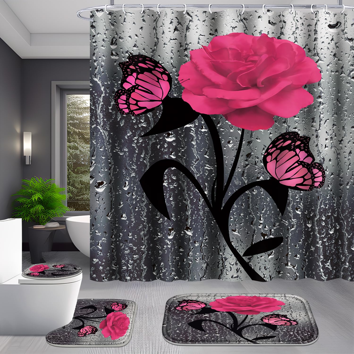 Poedist 4 Pcs Bathroom Set,Pink Rose Shower Curtain Sets, Romantic Shower Curtain Sets With Rugs(Bath Mat,U Shape And Toilet Lid