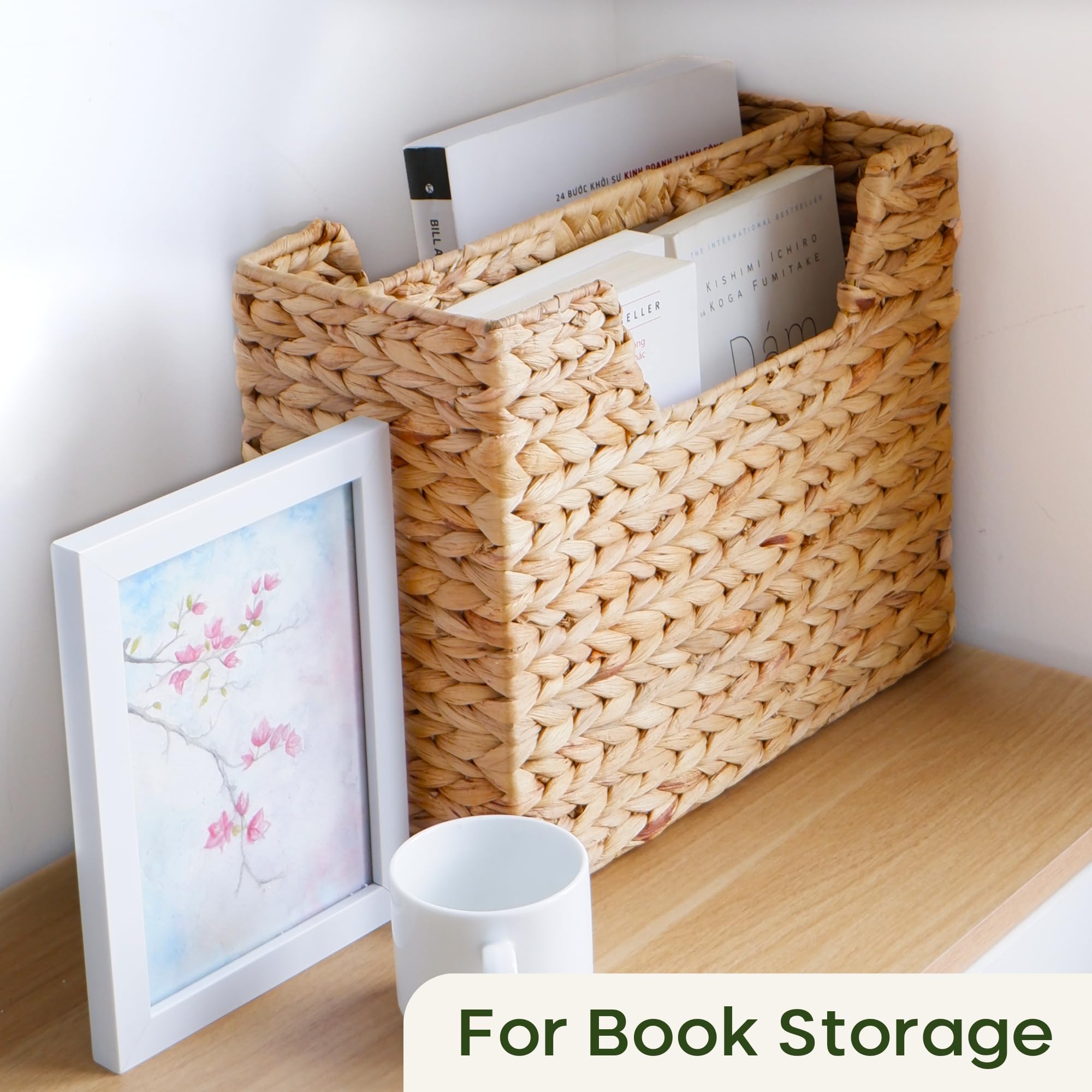 Chi An Home Wicker Magazine Basket, Water Hyacinth Organizer For Files, Books & Newspapers, Divided Rattan Basket With Handle, S