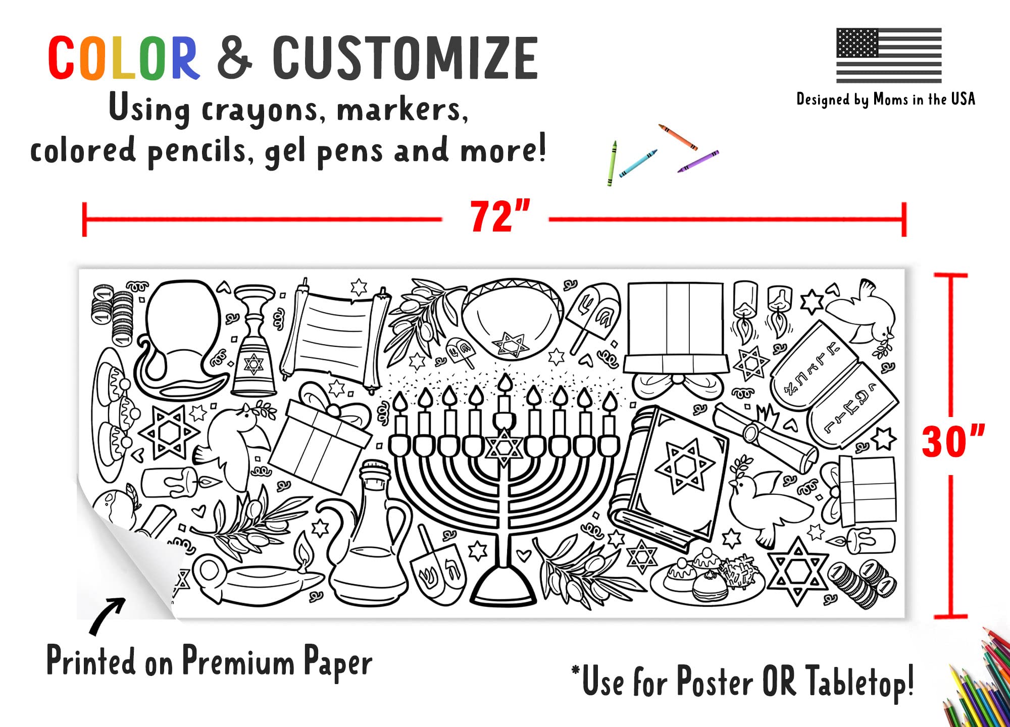 Tiny Expressions Giant Hanukkah Coloring Poster For Kids - Rolled, Not Folded - 30 X 72 Inches Jumbo Paper Banner Or Table Cover