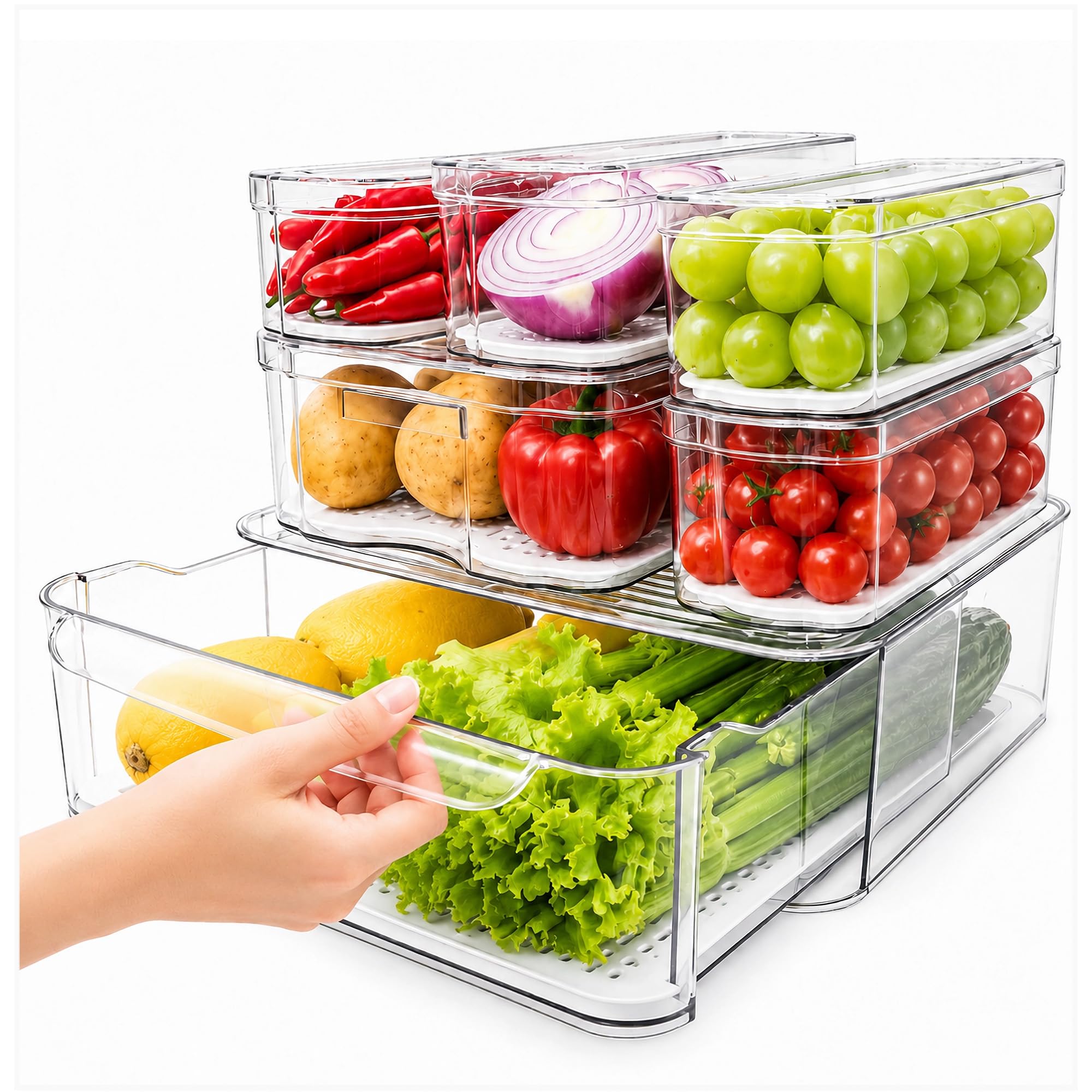 SMRCAD Clear Fridge Bins with Drain Trays  BPAFree PET, Stackable(6 Pack)